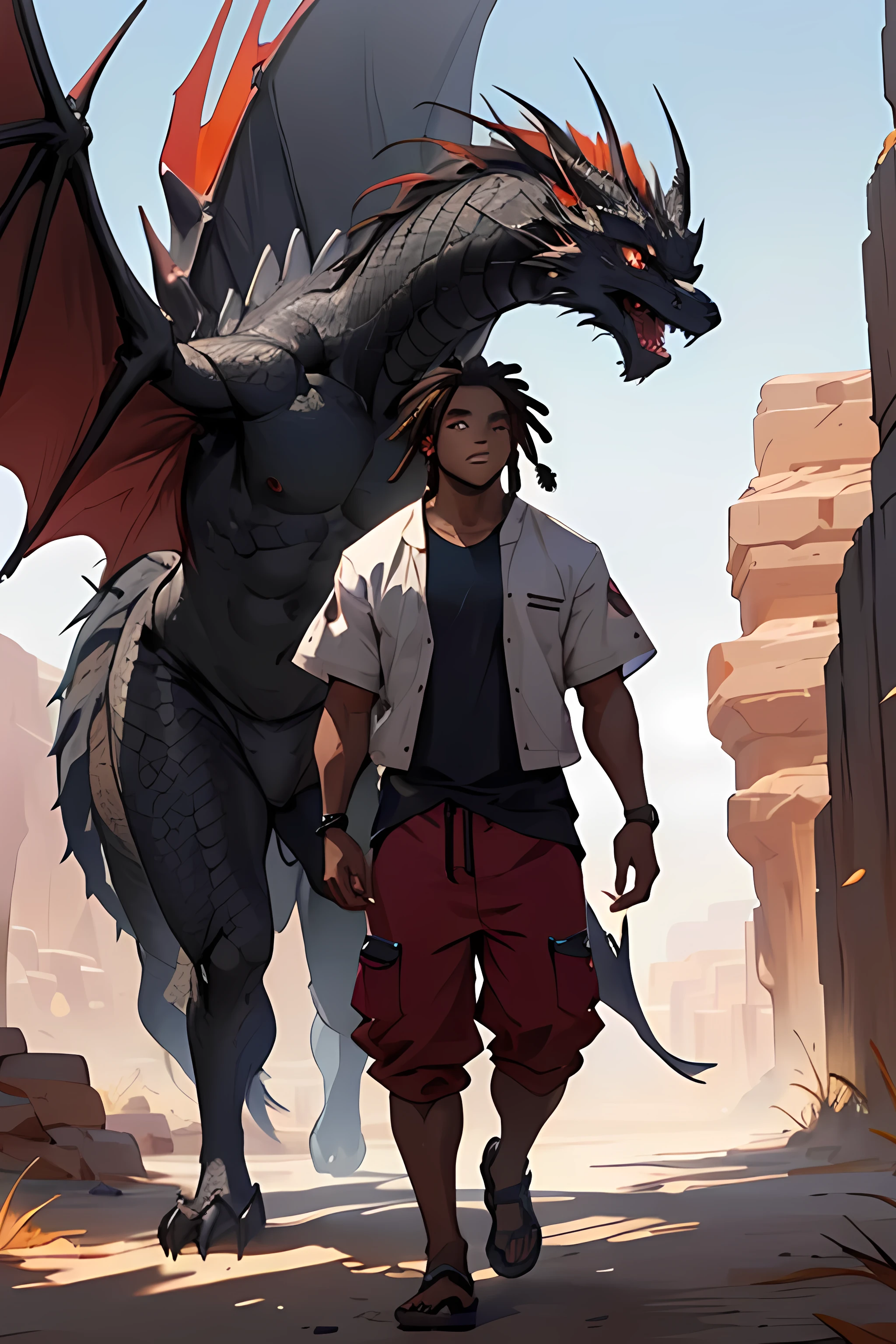 An African boy in normal red teenage clothes with small dreadlocks black skin walking in the African desert meets a large black dragon standing, garoto com rosto perfeito olhos castanhos, rosto perfeito, ((melhor qualidade)), ((obra de arte))