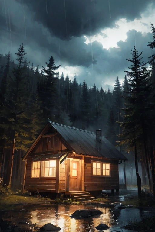 a forest with a very cozy cabin a very rainy night a lot of rain, sky with clouds, dark sky lo fi