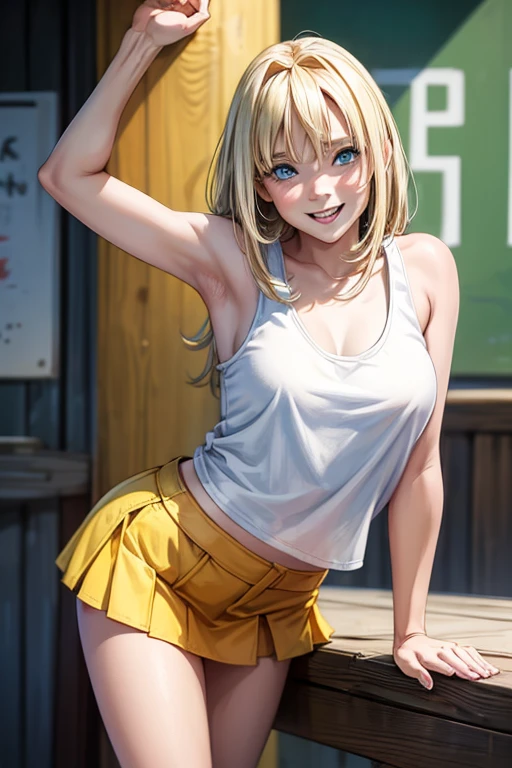 1 female,************,blonde,(miniskirt and big white tank top, (), , natural smile,,,(((leaning forward)))