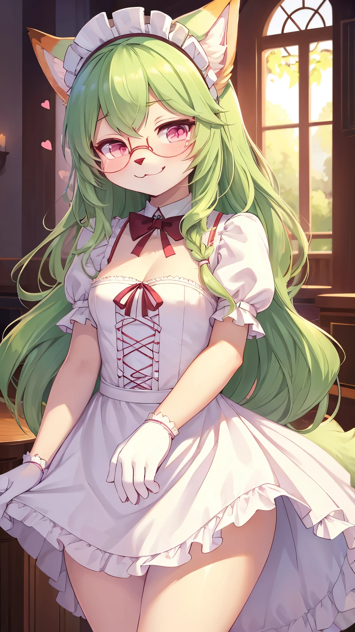 best quality,best resolution,(fluffy anthro furry :1.6),(young :1.6),cat girl,small breasts,light green hair,long hair,wavy hair,curvy hair,white fur,pink eyes,glistering eyes,sparkle eyes,huge circle glasses,maid outfit,maid headdress,maid gloves,ruffles,beautiful cafe,white ligth,looking at viewer,full face blush,naughty face,sexy eyes,smile,heart eyes,heart expression eyes,standing,close eyes,naughty pose