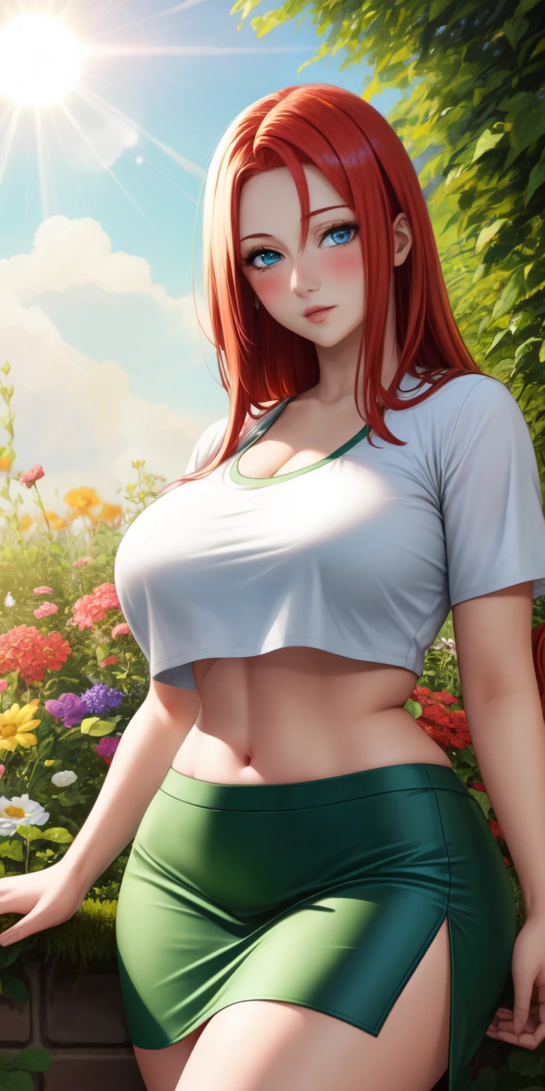 realistic, 1girl, Uzumaki Kushina, red hair, big round breasts. slightly curvy body, sexy body, white skin, blue eyes, crop top, green crop top, skirt, green skirt, blush, evening, flowers, sun, sunshine