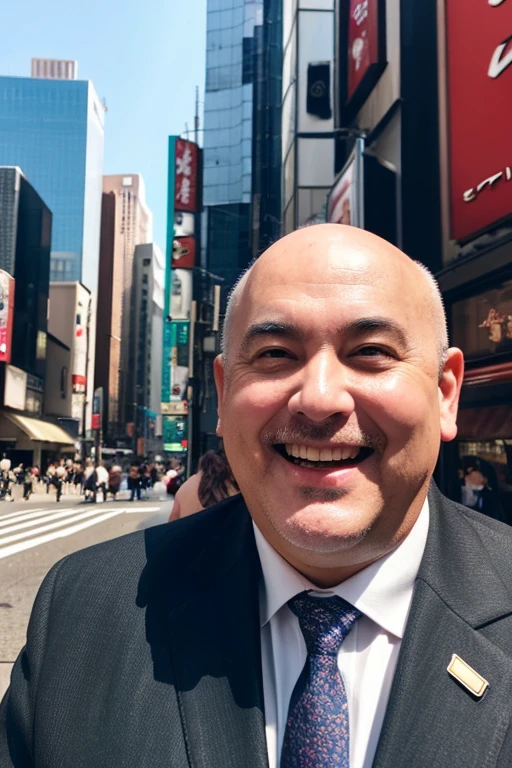 Overweight man in his 50s、Round face、fat、bald、suit、Dirty、Drooling、Extremely upturned corners of the mouth、Grin、Excited、Tokyo cityscape