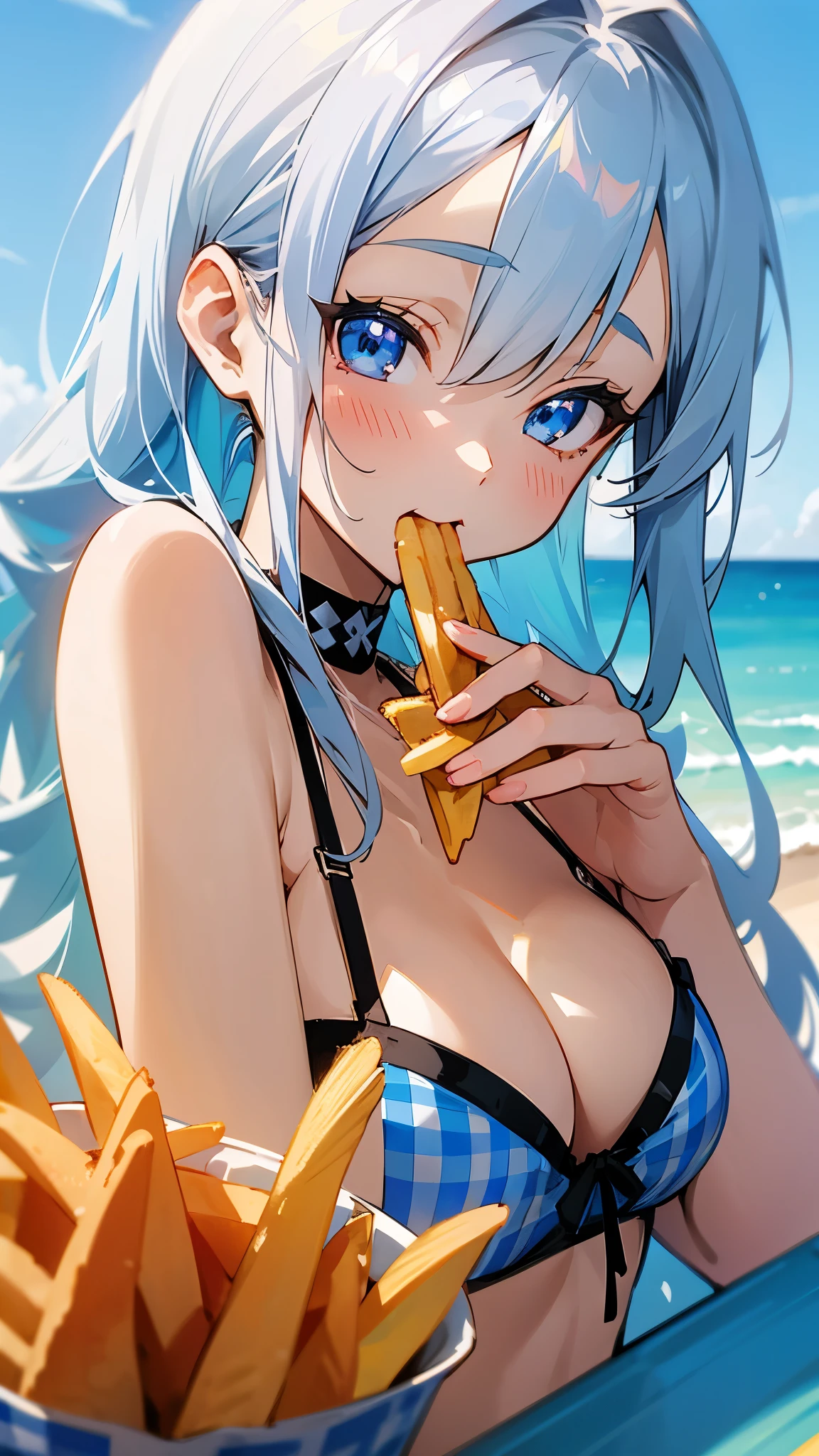 1 girl、Anime style painting、Silver Hair、Long Hair、Beautiful blue eyes、Vibrant colors、Strapless bra、Gingham check tube top bra、My chest is a little visible、smile、From the side、Eating French Fries、、Upper body close-up、Sandy beach background、Sharp contours