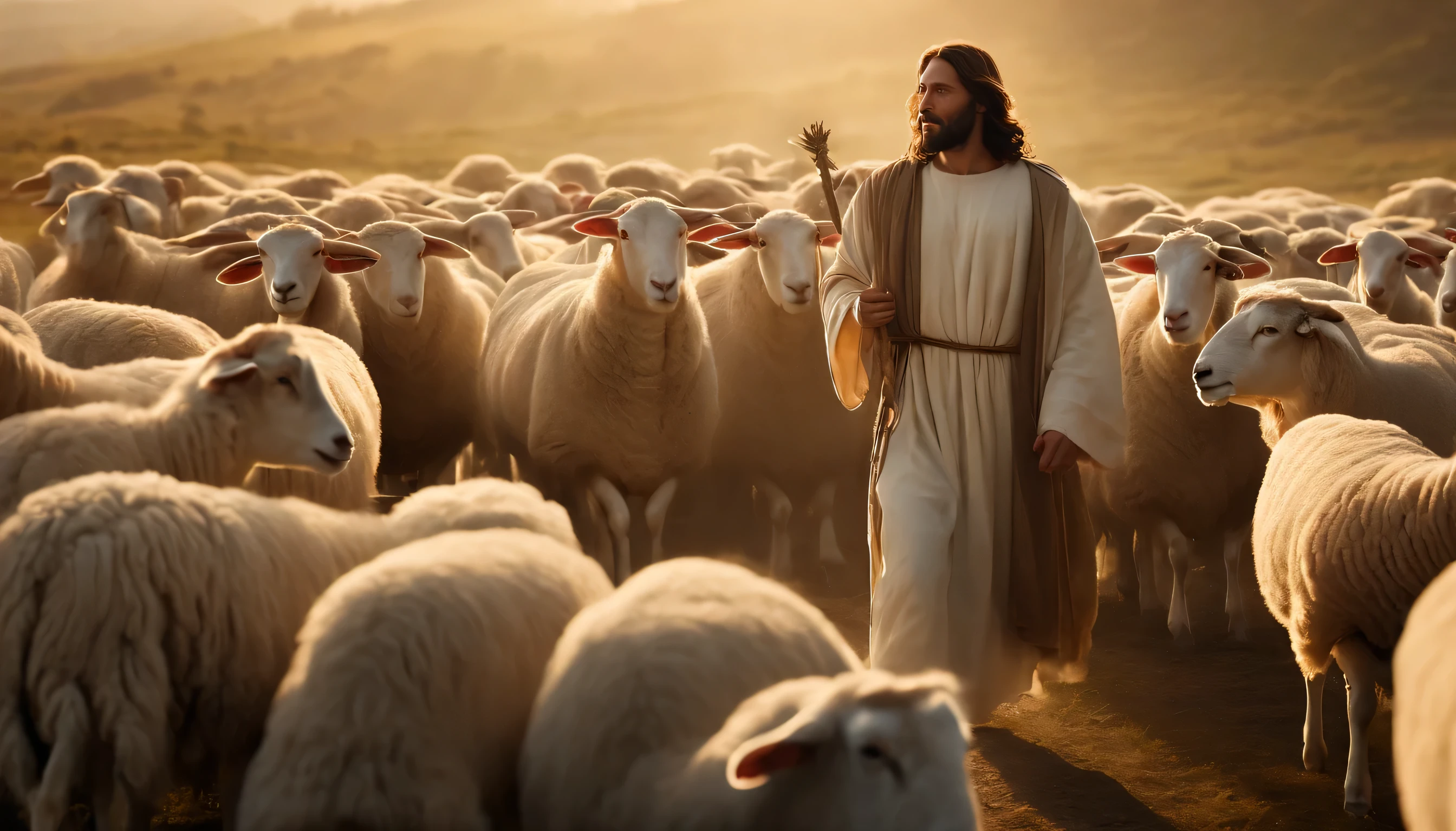 an image of Jesus clothed in glory, with his staff shepherding the flock of sheep, an image in very high resolution, 8k, cinematic, without defects, with a wealth of details.