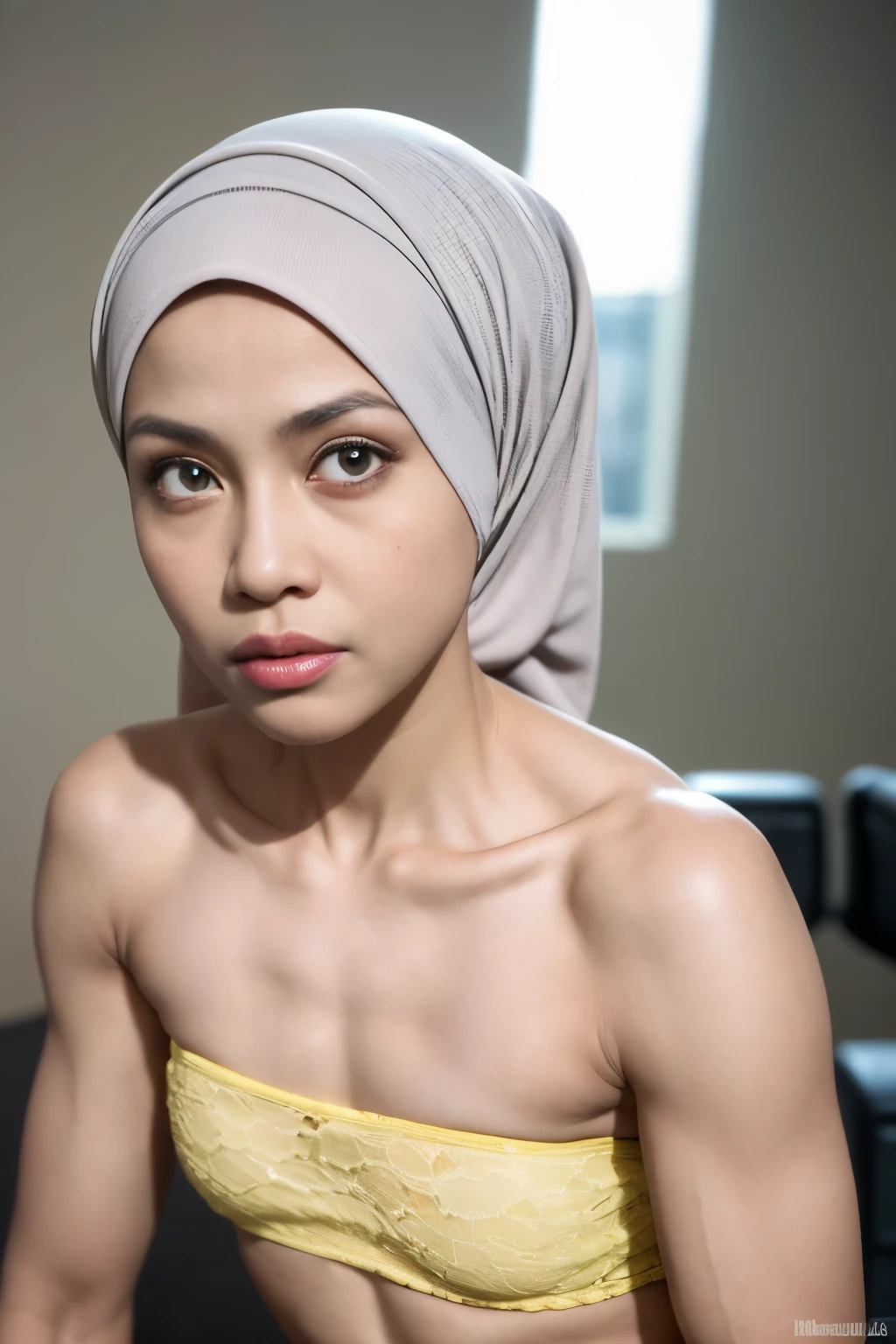 ((SHORT HIJAB)), ((Flat chest:1.7)), (dynamic photograph of a 58 year old Indonesian woman), (slim top, cotton panties), (straight non curly hair), (highly detailed face:1.4), (vascular muscles and abs:1.3), (background inside light, bright, private gym:1.1), (8k, uhd, dslr, high quality, cinematic lighting, bokeh), (dramatic, award winning photography, incredible masterpiece:1.3), (((sexy sultry stare at camera:0.8))), close up, ((she is ready to dominate you:0.5)), ((beautiful feminine face)) (she is a champion MMA fighter), add_detail:1, ((Wearing strapless pastel)) lace yellow fluorescence , from behind view, seductive pose, straddling ,