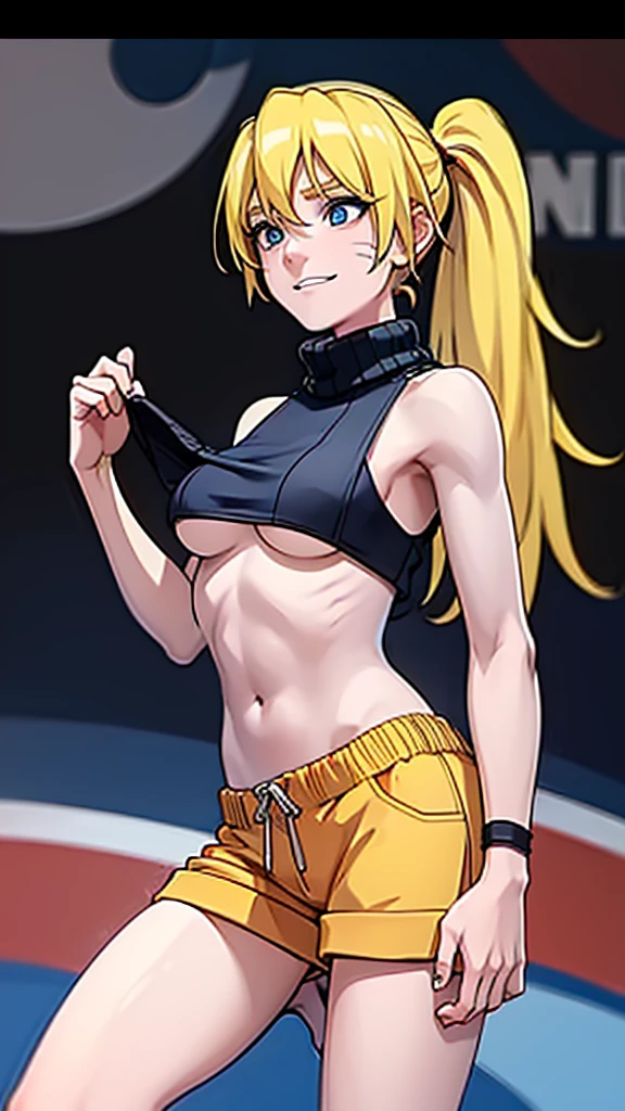 beautiful girl runner, , Prepare to practice running, Lean over to tie your shoelaces..........................., Blond hair, Ponytail, bangs, Smile a little..........................., Wear glasses, ((Wear a sleeveless sports bar..........................., turtleneck, black and yellow shorts, (underboob))), The abdomen has sexy lines..........................., yellow running shoes, in the stadium stands, anime, high-res