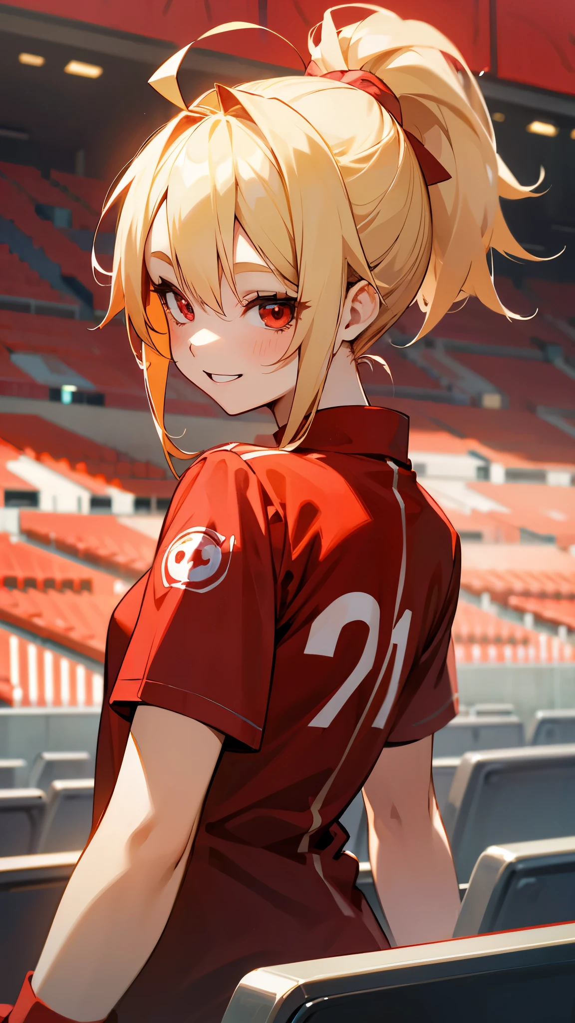 1 girl、anime painting、Blonde ponytail、Ahoge、Beautiful red eyes、smile、Vibrant colors、red shirt、Red wristband、smile、From the side、Upper body close-up、Stadium stand seating background