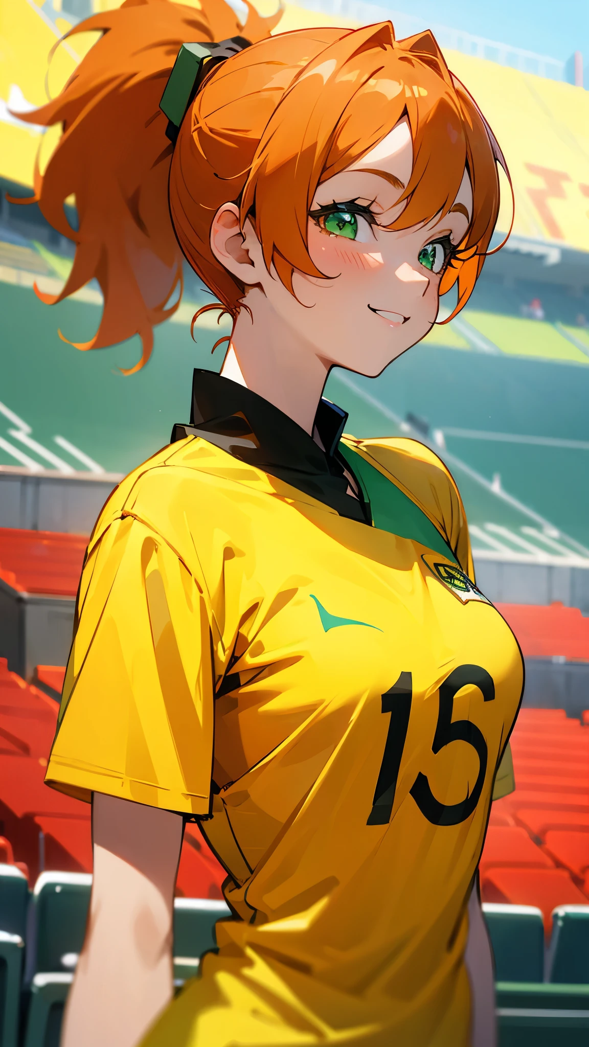 1 girl、anime painting、Orange Hair、Beautiful green eyes、Side Ponytail、Vibrant colors、yellow shirt、smile、From the side、Upper body close-up、Stadium stand seating background