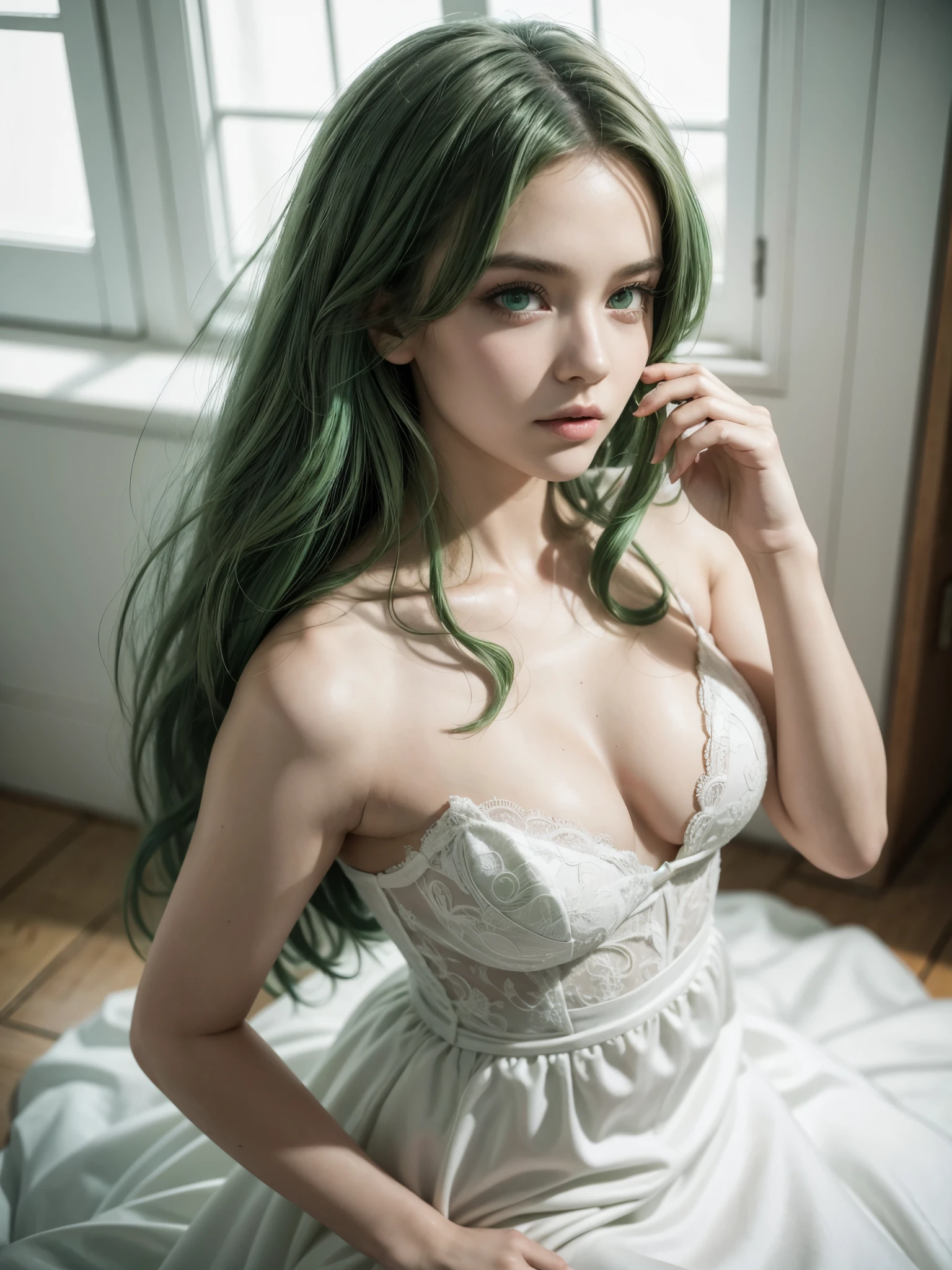 Hot girl, green hair, green eyes, white wedding dress, sexy pose