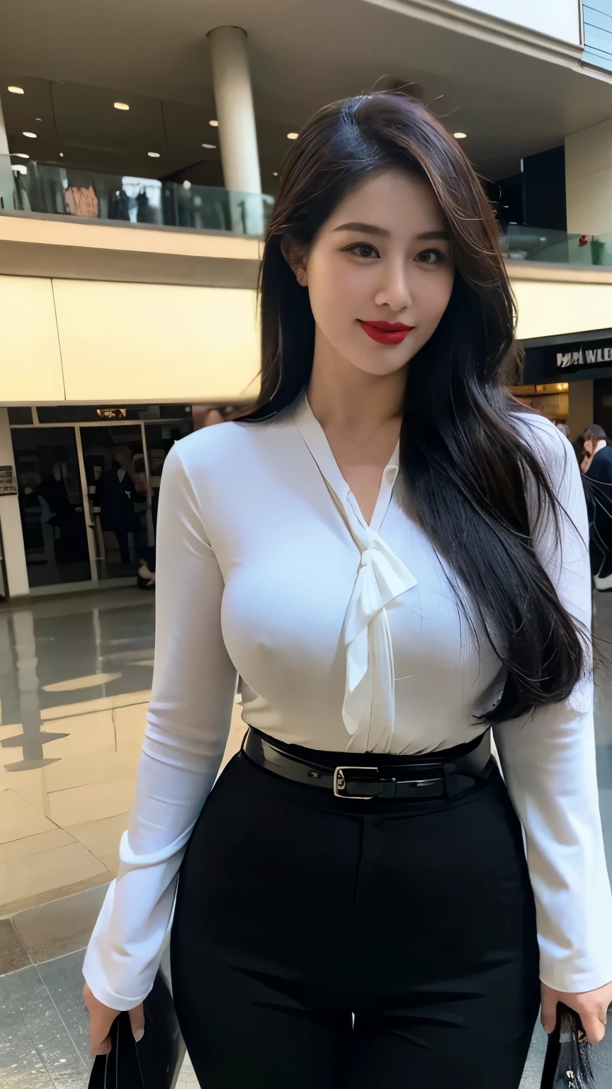 (best quality, ultra-detailed, photorealistic), red lipstick, detailed lips, detailed skin, perfect anatomical structure (unique), wearing a blouse, wearing pants, black belt, wavy long hair, 37-year-old woman, mature, charming smile, in a shopping mall, standing, long legs, curvaceous, busty, standing up, full-body shot.