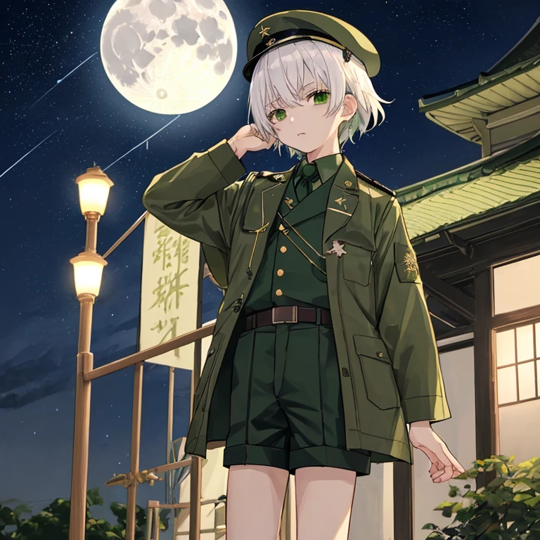 Hair color is white 10 year old boy Military-like clothing Clothes are everywhere々green Shorts Shota Military style hat 目の色はgreen 背景はnightで月が輝き星空 people数は1people The military uniform is navy blue greenをイメージ night The moon shines You can see the starry sky