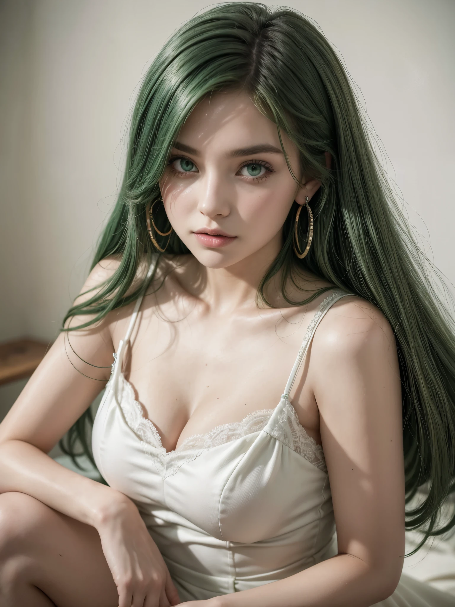 Hot girl, green hair, green eyes, white wedding dress, hoop earring