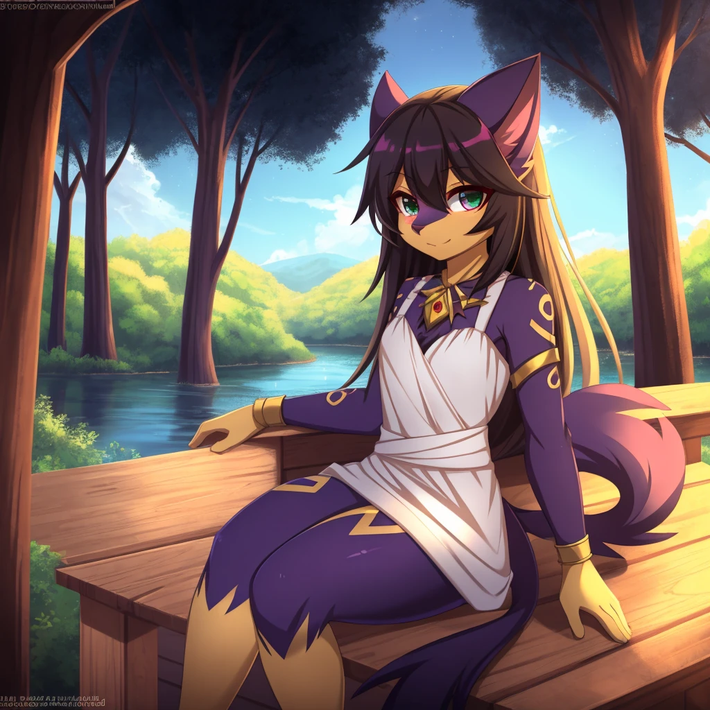 By zinfyuu on pixiv,by twistedscarlet60, uploaded on pixiv, by fluff-kevlar, (masterpiece), (best quality), (anthro furry:1.3, snout:1.2, anthro:1.3, furry:1.2, solo female:1.2), (extremely detailed:1.3), (green_detailed_eye), absol, wearing white dress, sfw, forest, sitting, lake, nature beauty, view on viewer, liepard