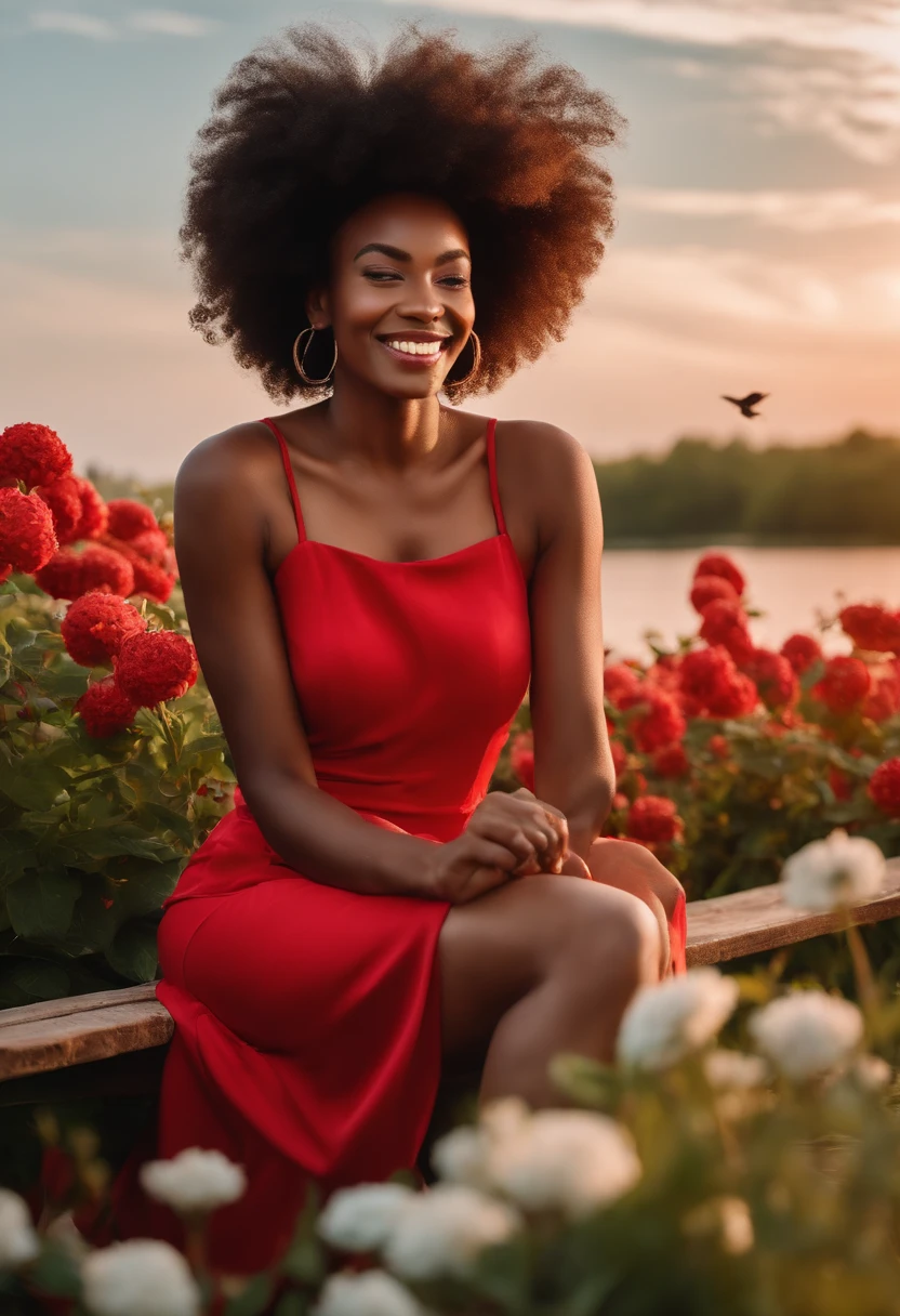 Beautiful young black afro woman eating ice cream in the garden wearing red dress happy and smiling sitting on the bench looking at the field flowers with a lake birds sunset light wind on her curly hair