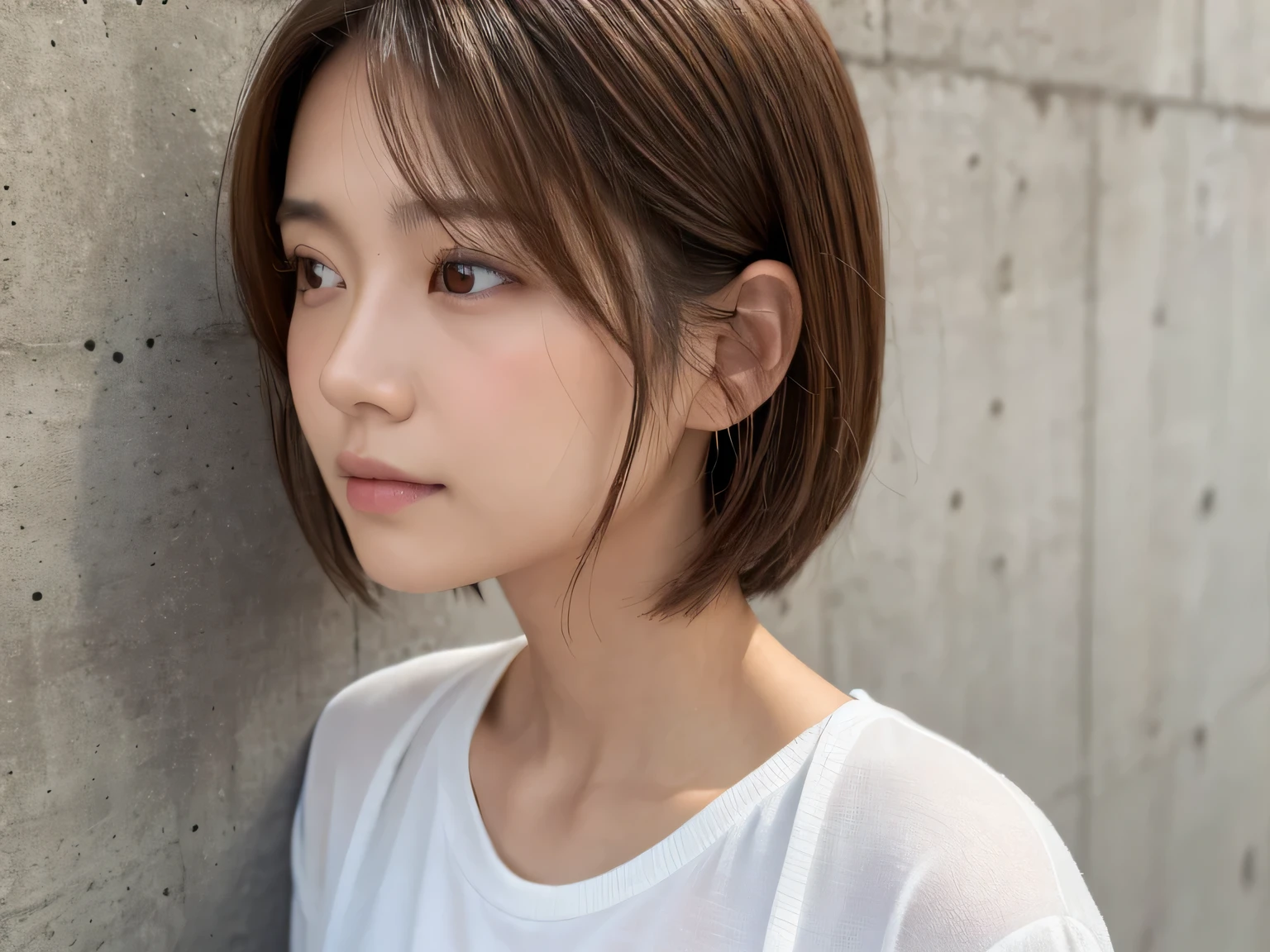 White shirt,Concrete wall with plain background,Light Brown Hair,Realistic skin texture,Slightly rough skin,Cute face,Japanese woman in her 20s,Medium hair over the shoulders ,Realistic skin texture,Profile of a person looking down,