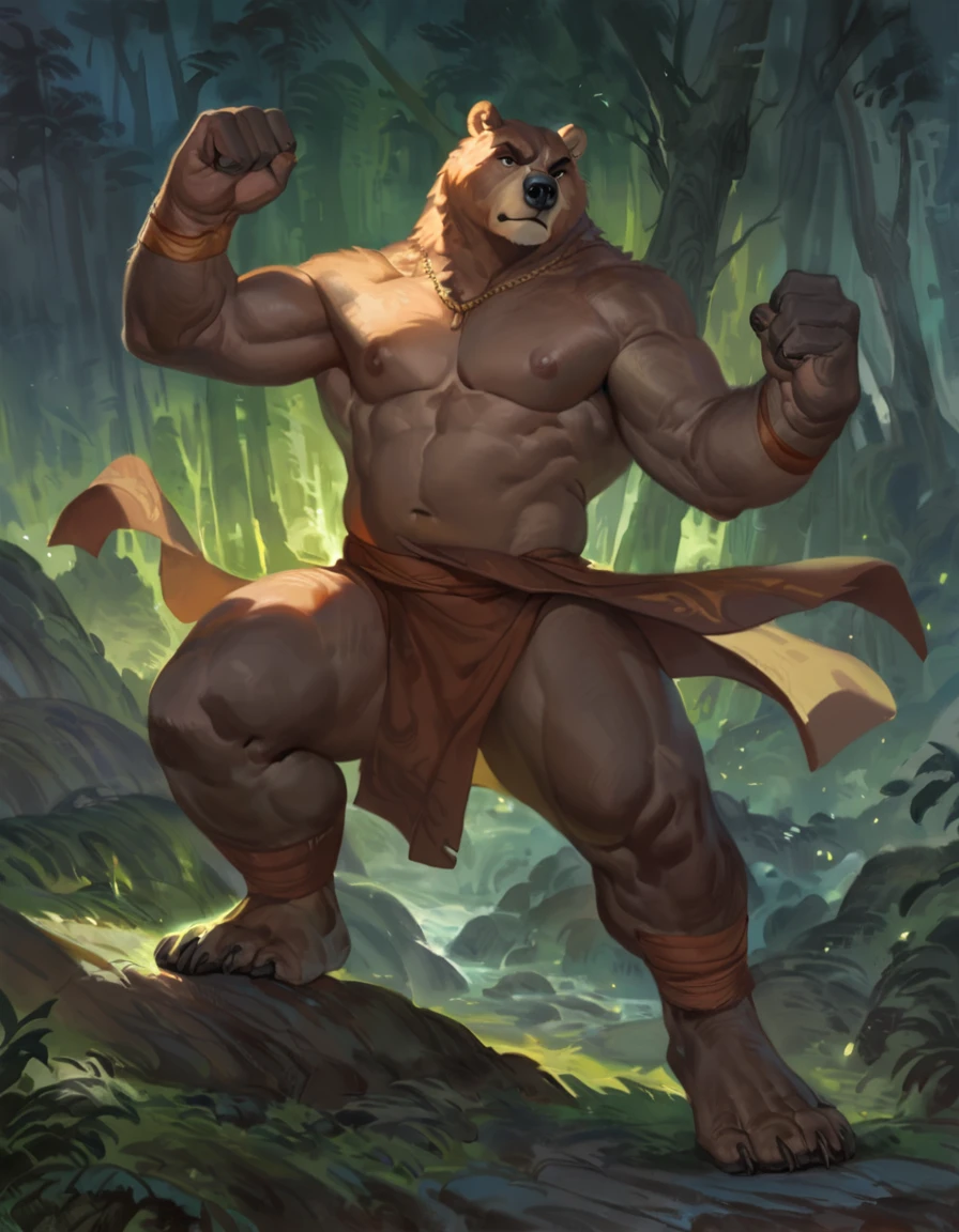 By Ruan Jia, by ross tran, male anthro bear, solo, masterpiece, best art, monk, forest, proud expression, night, standing, muscular, detailed, newest, feet, sfw, battle pose, nipples