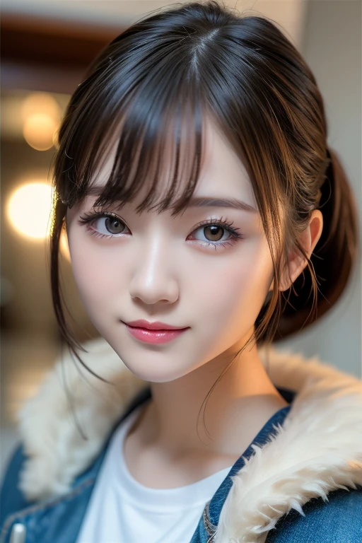 Tabletop, highest quality, shape, Very detailed, finely, High resolution, 8k wallpaper, Dynamic composition, Beautiful and detailed, Tokyo Trends冬ファッション,Tokyo Trends&Random Cute Hairstyles, Small breasts, Natural color lip, Random Idol Pose,Cute Smile,20-year-old girl、Beautiful and elaborate face、Perfect and beautiful face,Big eyes、Wear a fluffy black outerwear with fur、Beautiful and elaborate face、Perfect and beautiful double eyelids、Blur the background、Perfect and beautiful face、Feminine poses、Blur the background、Slim face and figure、Blur the background