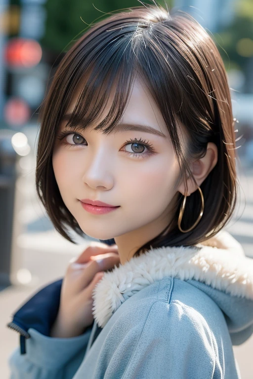 Tabletop, highest quality, shape, Very detailed, finely, High resolution, 8k wallpaper, Dynamic composition, Beautiful and detailed, Tokyo Trends冬ファッション,Tokyo Trends＆Random Cute Hairstyles, Small breasts, Natural color lip, Random Idol Pose,Cute Smile,20-year-old girl、Beautiful and elaborate face、Perfect and beautiful face,Big eyes、Wear a fluffy black outerwear with fur、Beautiful and elaborate face、Perfect and beautiful double eyelids、Blur the background、Perfect and beautiful face、Feminine poses、Blur the background、Slim face and figure、Blur the background
