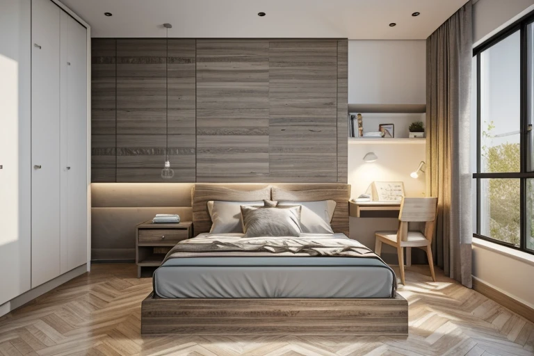 dormitorio: Materiales y colores: The floor can be made of industrial gray wood to create a warm and cozy atmosphere... The bed and main furniture can use gray or white madera industrial, with simple and elegant designs. para acentuar, puedes usar ropa de cama en blanco, gris claro, or with simple Japanese-style floral motifs.. Personal cabinets and shelves can also be made of gray or white industrial wood.. Encendiendo: Take advantage of natural light through large windows., possibly with gris claro or white curtains to control the incoming light. Bedside lamps or table lamps can be made from tea-colored glass or PVD-coated stainless steel, create subtle reflections and soft lighting in the bedroom. Decoration and Accessories: Usa colchas, almohadas, y cortinas en blanco, gris claro, or with simple patterns to create a cozy atmosphere that perfectly matches the space.. Organize small plants, such as bonsai trees or potted plants, introducir puntos focales naturales y refinados en el dormitorio. All of these elements will combine to create a bedroom space strongly influenced by the Japandi style., with a fusion of materials such as stone, madera industrial, tea-colored glass, y acero inoxidable recubierto de PVD. It will be an elegant, lujoso, and comfortable bedroom, evoking a feeling of tranquility and warmth within your apartment.