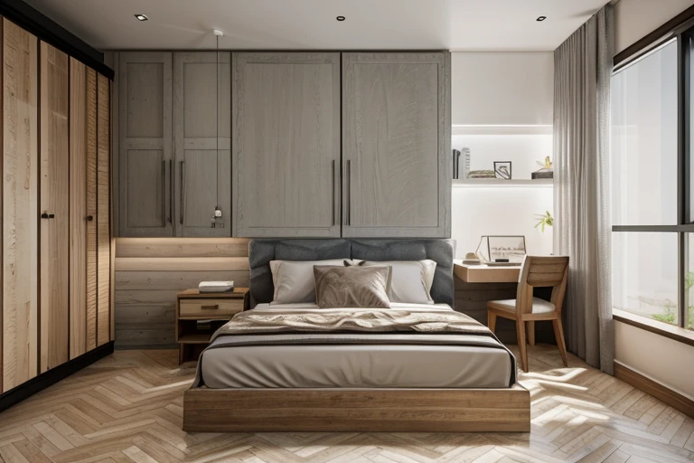 dormitorio: Materiales y colores: The floor can be made of industrial gray wood to create a warm and cozy atmosphere... The bed and main furniture can use gray or white madera industrial, with simple and elegant designs. para acentuar, puedes usar ropa de cama en blanco, gris claro, or with simple Japanese-style floral motifs.. Personal cabinets and shelves can also be made of gray or white industrial wood.. Encendiendo: Take advantage of natural light through large windows., possibly with gris claro or white curtains to control the incoming light. Bedside lamps or table lamps can be made from tea-colored glass or PVD-coated stainless steel, create subtle reflections and soft lighting in the bedroom. Decoration and Accessories: Usa colchas, almohadas, y cortinas en blanco, gris claro, or with simple patterns to create a cozy atmosphere that perfectly matches the space.. Organize small plants, such as bonsai trees or potted plants, introducir puntos focales naturales y refinados en el dormitorio. All of these elements will combine to create a bedroom space strongly influenced by the Japandi style., with a fusion of materials such as stone, madera industrial, tea-colored glass, y acero inoxidable recubierto de PVD. It will be an elegant, lujoso, and comfortable bedroom, evoking a feeling of tranquility and warmth within your apartment.