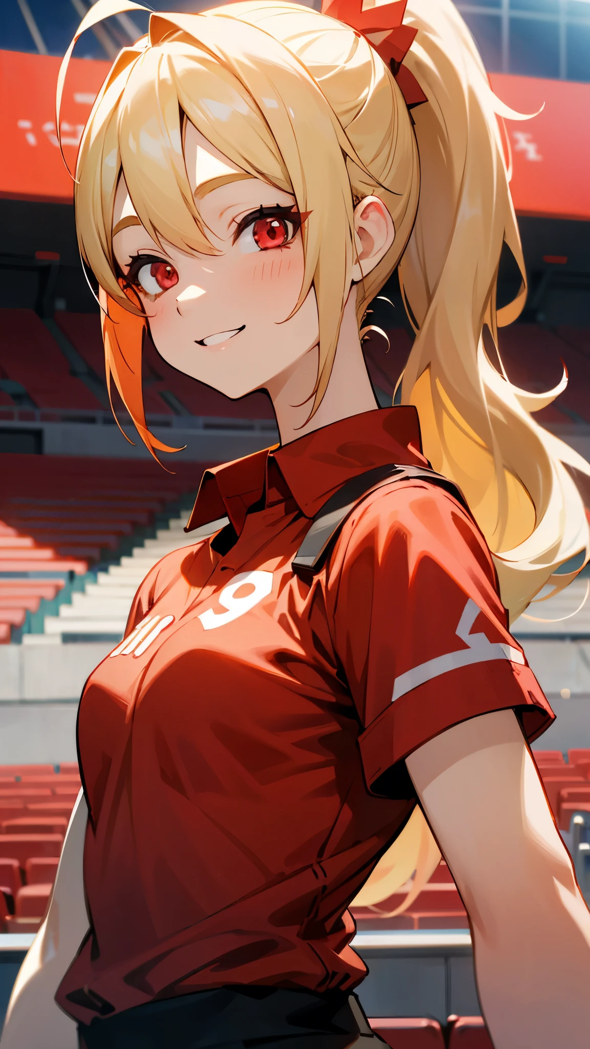 1 girl、anime painting、Blonde ponytail、Ahoge、Beautiful red eyes、smile、Vibrant colors、red shirt、Red wristband、smile、From the side、Upper body close-up、Stadium stand seating background