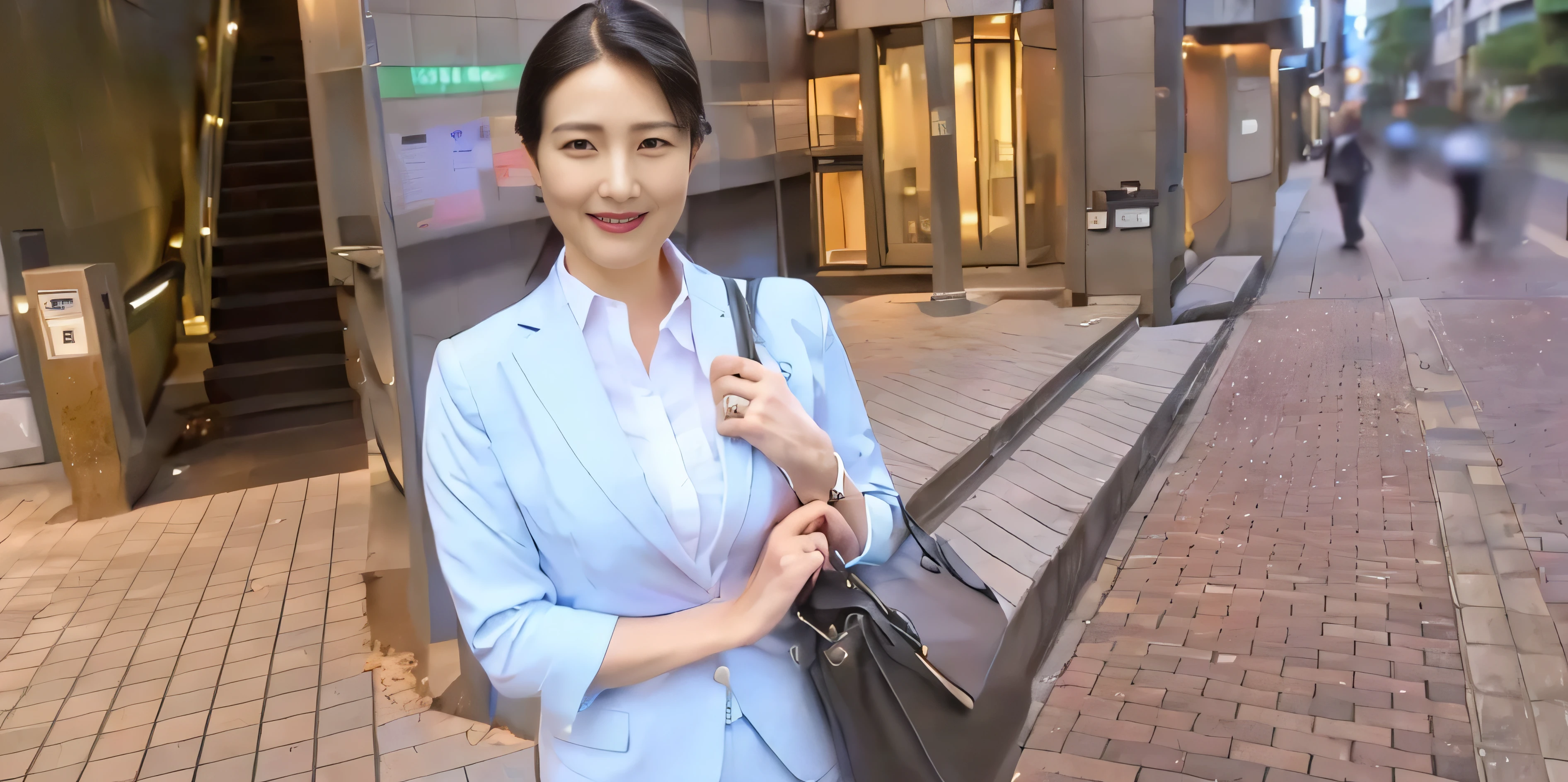 there is a woman standing on a sidewalk holding a purse, wearing business suit, handsome girl, wearing a strict business suit, elegant japanese woman, sakimichan, wearing a business suit, in a business suit,deayami kojima,45 years old woman