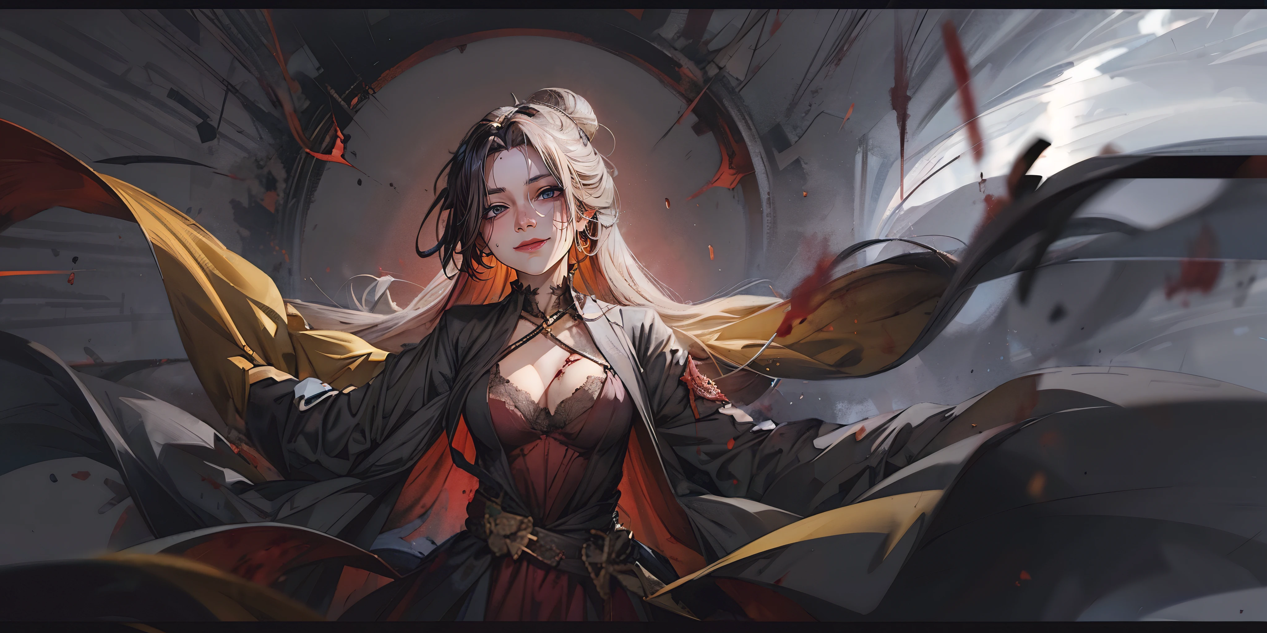 emma \(sekiro\), black hair, single hair bun, forehead, breasts, epic art, fantasy, blood, 1girl, breasts, blood_on_face, letterboxed, cleavage, black_dress, bloody_weapon, bloody_clothes, dress, medium_breasts, solo, blood_splatter, looking_at_viewer, glow effects, godrays, Hand drawn, render, 8k, octane render, cinema 4d, blender, dark, atmospheric 4k ultra detailed, cinematic, Sharp focus, big depth of field, Masterpiece, colors, 3d octane render, 4k, concept art, trending on artstation, hyperrealistic, Vivid colors, extremely detailed CG unity 8k wallpaper, trending on CGSociety, Intricate, High Detail, dramatic, anime coloring, anime screencap, steaming body, fog, heavy breathing, (shaded face:1.2), hollow eyes, maroon eyes, looking at viewer, (heavy breathing:1.2), smirk, upper teeth