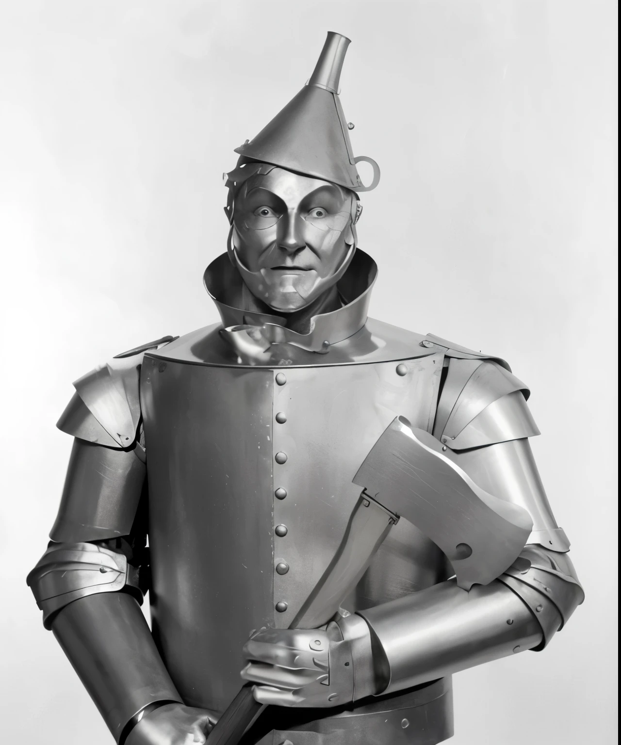 ​masterpiece, Best Quality, 4k, Background white. Realistic Tin man from the wizard of Oz. Very cool armor. Funnel like helmet. Carrying an axe Looking to his right, head turned view. Very realistic and cool. Brave expression. Intricate detail. Fantasy style
