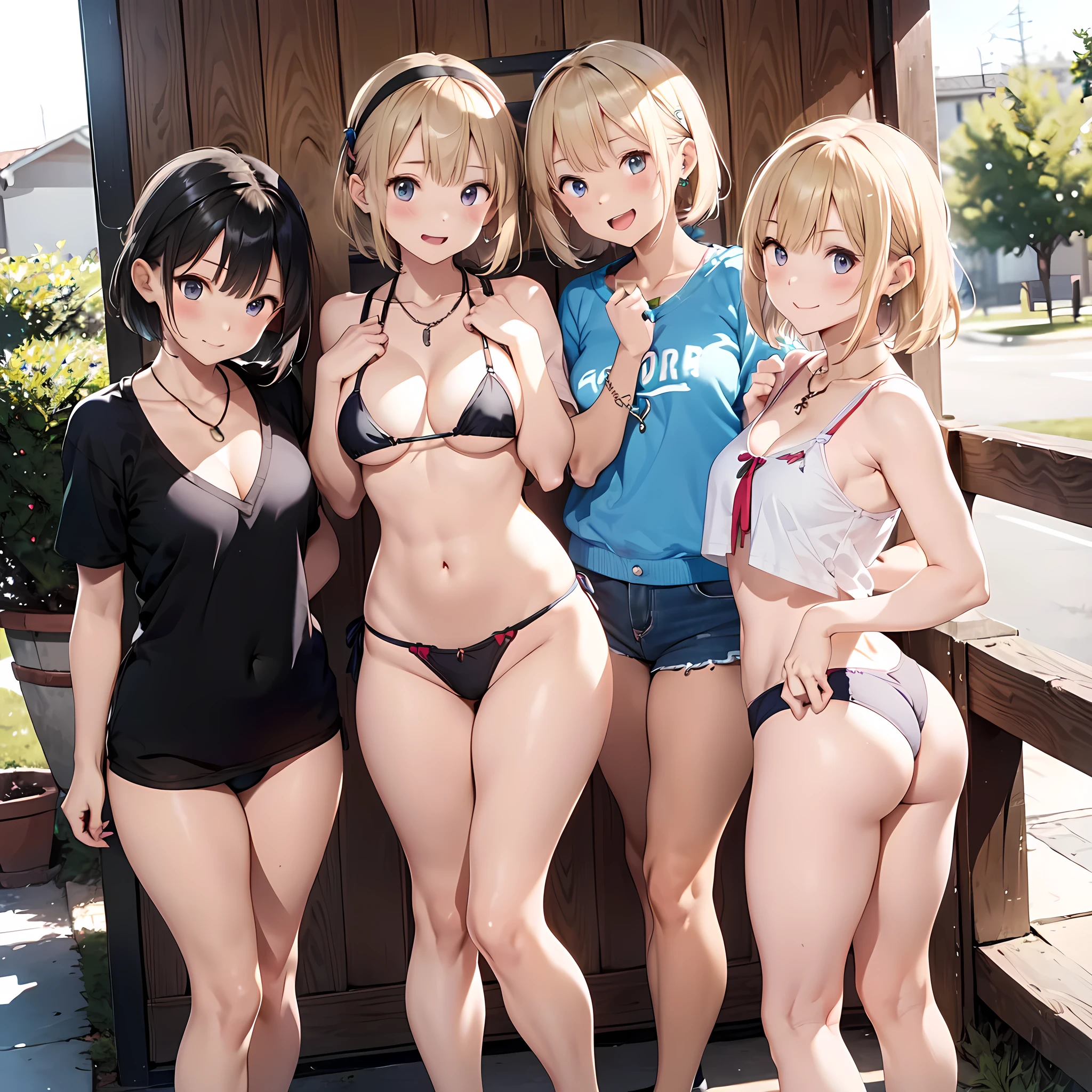 (three girls are sticking out their big butt boldly), (body shot), Laughing with your mouth open, (slender), hair band, Headband, hair bobbles, brown hair, blond hair, navel, jewelry, looking at viewer, necklace, long hair, short hair, Abdominal muscles, Thong,
