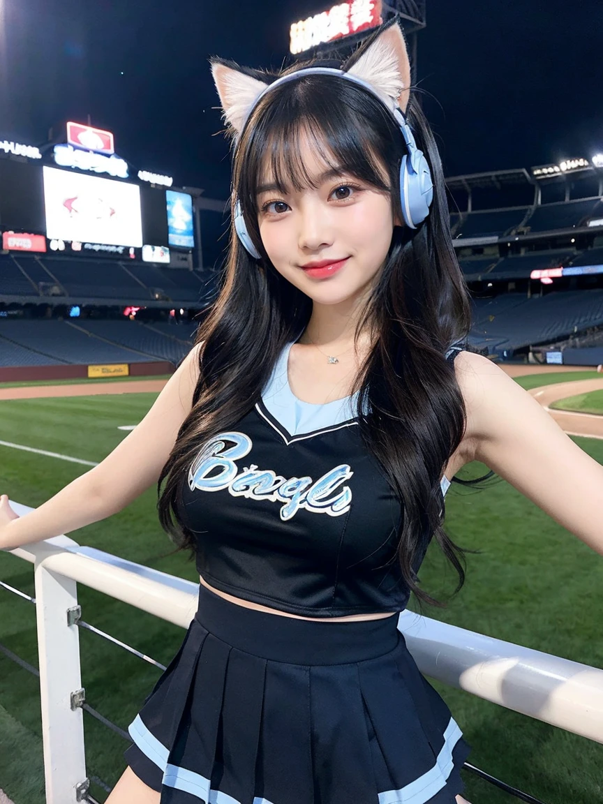 Full Body Photo、Overall、最high quality, masterpiece, 32k、Very detailed、Realistic、1 girl, Japanese women、Cute face, (photo Actual:1.3), Edge lighting, (Skin with attention to detail:1.2), 8k超High resolution, Single-lens reflex camera, high quality, High resolution, 4K, 8k, Optimal ratio of four fingers to one thumb, (Actual:1.3), smile、自然なsmile、Black and light blue cheerleader outfit(Black main color、Sky blue line design)、Cat ear headphones(Sky blue neon cat ear headphones)、cute 1 girl, Realistic、Super Realistic、32k、Very detailed、masterpiece, 最high quality, beautiful girl, beauty、 Mecha, Beautiful lighting, Posing for a photo、Baseball Stadium、Baseball Stadiumのテラス席
