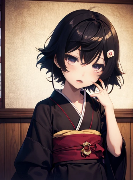 1boy, :o, black_hair, blush, commentary_request, gohei, hair_ornament, hairclip, haraegushi, japanese_clothes, male_focus, miko, oonusa, open_mouth, otoko_no_ko, photoshop_(medium), purple_eyes, short_hair, signature, simple_background, solo, steins;gate, tears, tel-o, urushibara_ruka