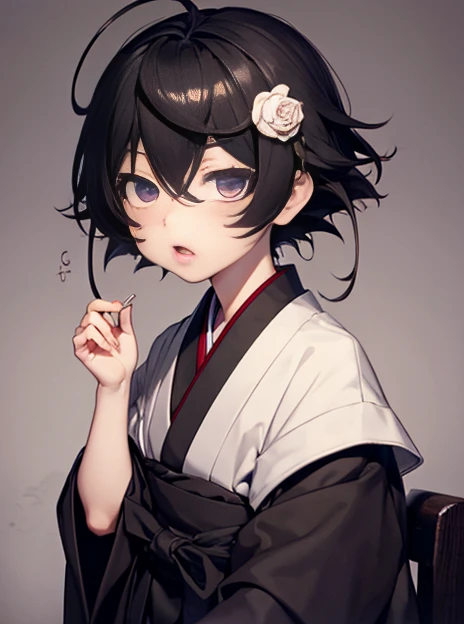 1boy, :o, black_hair, blush, commentary_request, gohei, hair_ornament, hairclip, haraegushi, japanese_clothes, male_focus, miko, oonusa, open_mouth, otoko_no_ko, photoshop_(medium), purple_eyes, short_hair, signature, simple_background, solo, steins;gate, tears, tel-o, urushibara_ruka