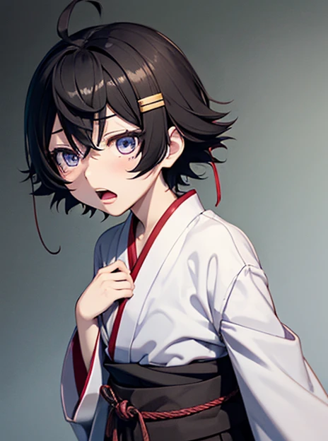 1boy, :o, black_hair, blush, commentary_request, gohei, hair_ornament, hairclip, haraegushi, japanese_clothes, male_focus, miko, oonusa, open_mouth, otoko_no_ko, photoshop_(medium), purple_eyes, short_hair, signature, simple_background, solo, steins;gate, tears, tel-o, urushibara_ruka