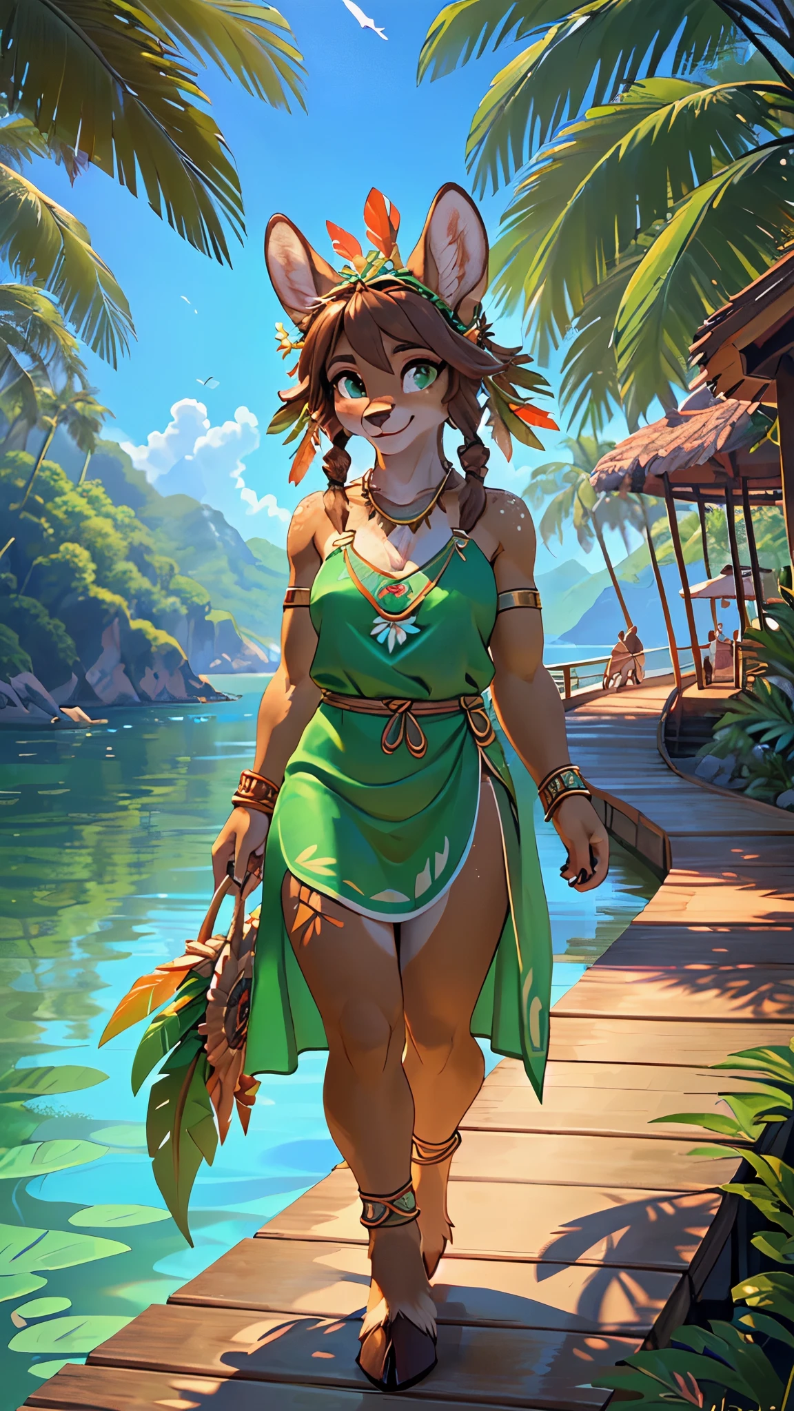 masterpiece, top quality, best quality, highly detailed, 8k, super high resolution, absurdres, perfect ???????, dynamic_angle, ((highly detailed beautiful face and eyes)), solo focus, (furry female anthro), (adult), (((furry brown doe body))), (doe snout, detailed brown body fur), bright green eyes, brown hair, ((shoulder-length hairstyle)), (happy, joyful), (hourglass figure, medium breasts), (looking at viewer, freckles on face), average height, hooves, ((jade green tribal tunic inspired by polynesian culture)), feather headdress, bracelets, jewelry, ((tropical backdrop, pier, harbor, boardwalk)), lush greenery and plantlife, (reflection), sunny sky
