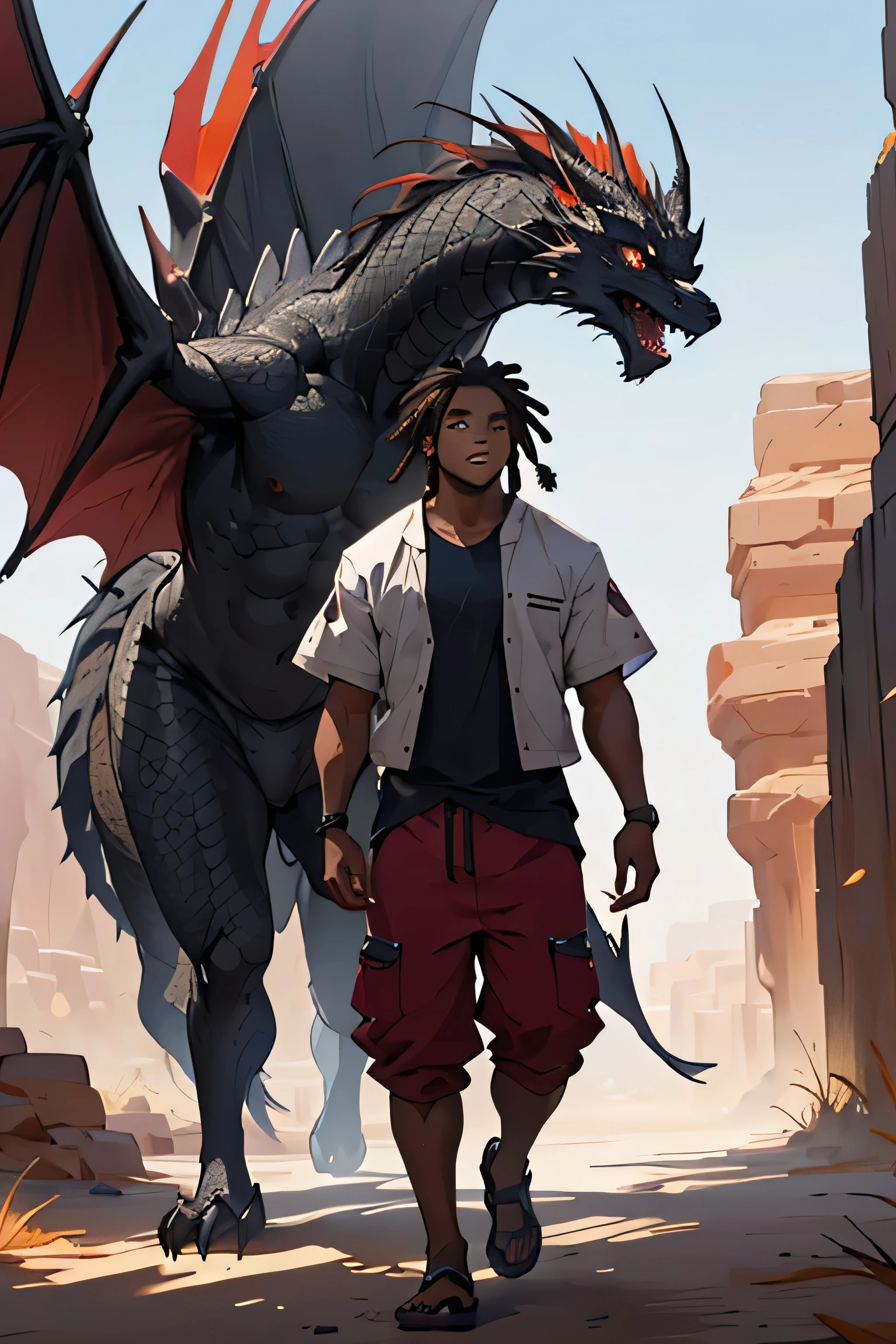 An African boy in normal red teenage clothes with small dreadlocks black skin walking in the African desert meets a large black dragon standing, garoto com rosto perfeito olhos castanhos, rosto perfeito, ((melhor qualidade)), ((obra de arte))