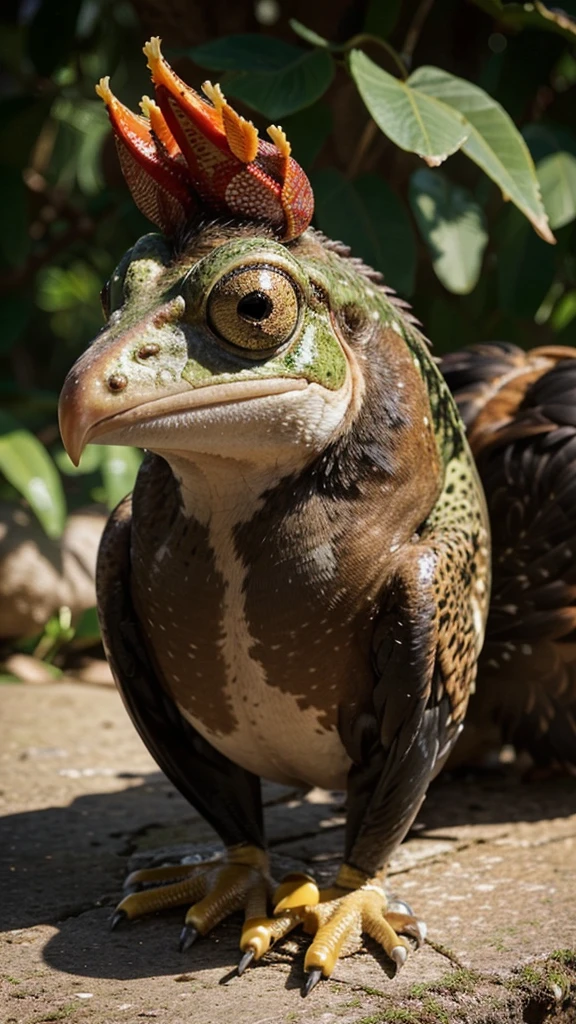 A mesmerizing profile view, wildlife photograph captures the jaw-dropping sight of a rare and magnificent creature, the frockeral. This one-of-a-kind marvel blends the unique features of a frog and a rooster, showcasing a frog's smooth body, with distinctive feet and eyes with the head of a rooster with it's eyes and comb and beak. The background is bright and sunny, The narrow depth of field draws attention to the majestic creature, while the overall ambiance of the image is breathtaking and surreal, celebrating the wonders of nature and captivating the imagination of all who behold., photo, wildlife photography