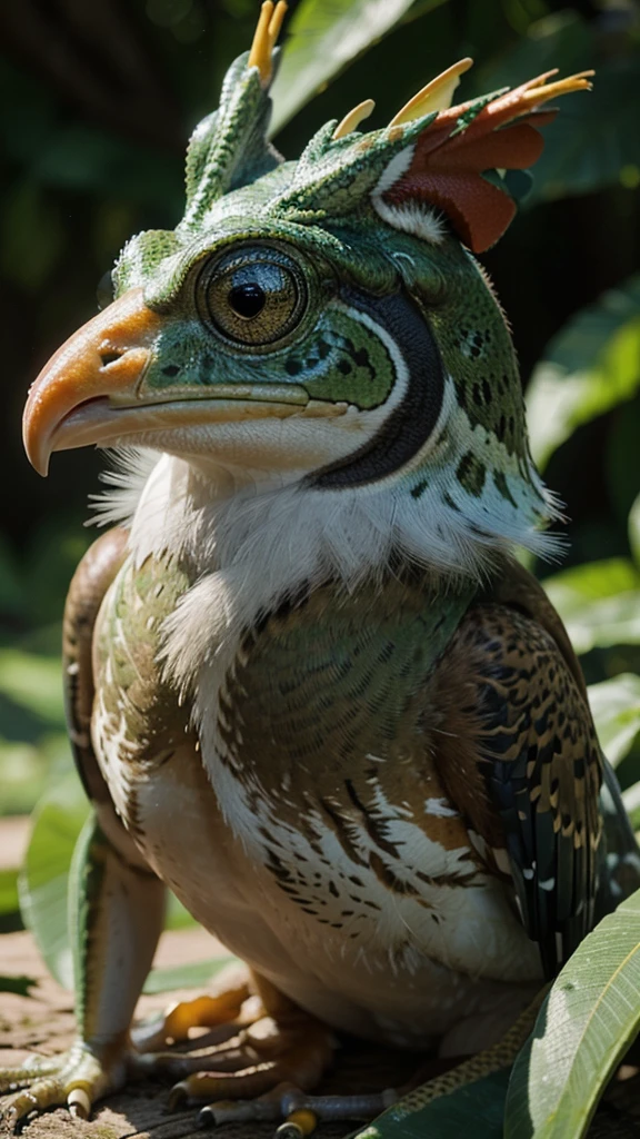 A mesmerizing profile view, wildlife photograph captures the jaw-dropping sight of a rare and magnificent creature, the frockeral. This one-of-a-kind marvel blends the unique features of a frog and a rooster, showcasing a frog's smooth body, with distinctive feet and eyes with the head of a rooster with it's eyes and comb and beak. The background is bright and sunny, The narrow depth of field draws attention to the majestic creature, while the overall ambiance of the image is breathtaking and surreal, celebrating the wonders of nature and captivating the imagination of all who behold., photo, wildlife photography