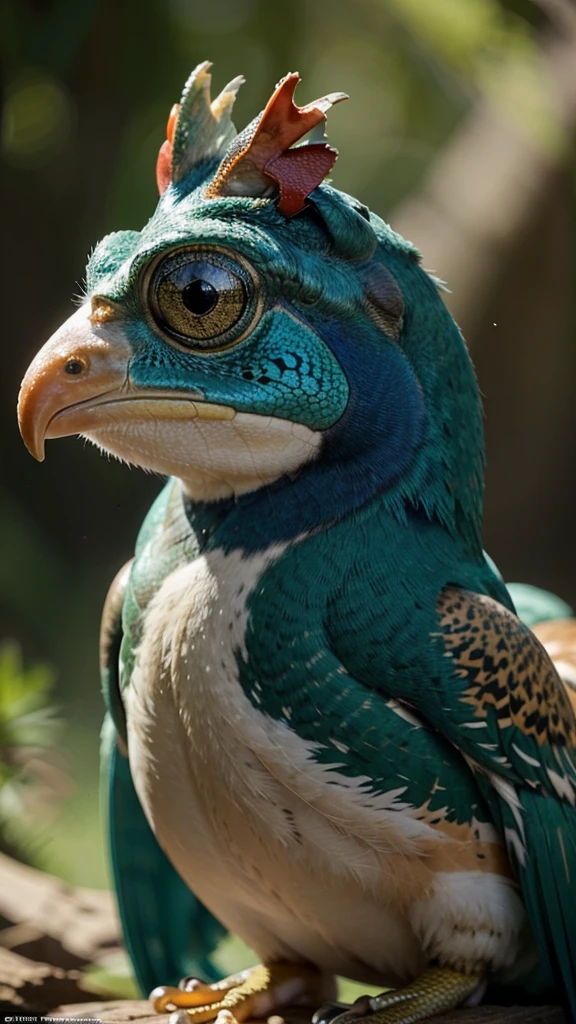 A mesmerizing profile view, wildlife photograph captures the jaw-dropping sight of a rare and magnificent creature, the frockeral. This one-of-a-kind marvel blends the unique features of a frog and a rooster, showcasing a frog's smooth body, with distinctive feet and eyes with the head of a rooster with it's eyes and comb and beak. The background is bright and sunny, The narrow depth of field draws attention to the majestic creature, while the overall ambiance of the image is breathtaking and surreal, celebrating the wonders of nature and captivating the imagination of all who behold., photo, wildlife photography