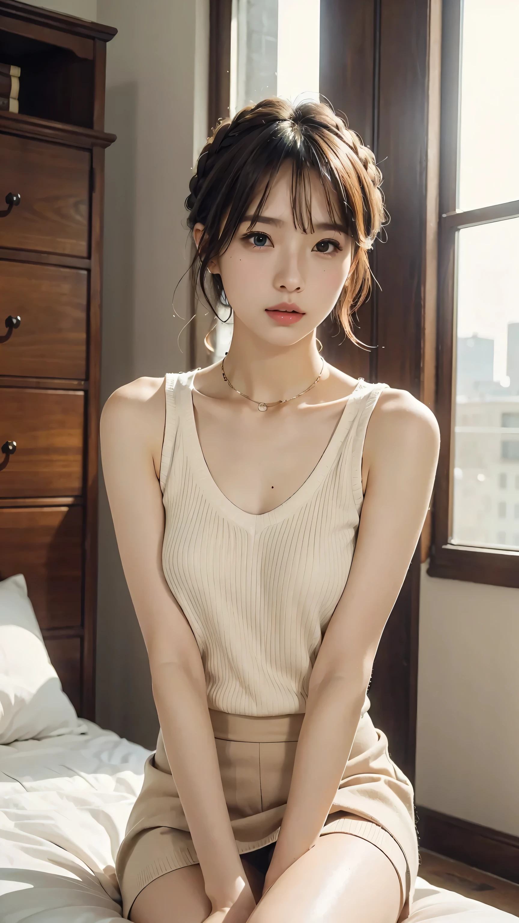 Masterpiece, best quality, super fine, 16k, incredibly absurdres, extremely detailed, beautiful woman, amorous and lewd expression, glossy white-gold messy short hair, side braided, She is wearing a loose-fitting beige tank top sweater with a wide open chest, and mini skirt, superlative body proportion, sitting, Bedroom, 