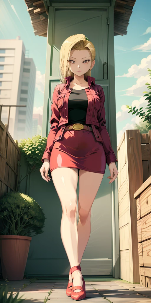 (Full body, view from below, cowboy shot, looking at viewer, masterpiece, best quality, ultra detailed, immaculate:1.2) Android 18 from DBZ, 30 y.o. woman, red eyes, short BLONDE hair, posing for photo, seductive smile, grey jacket, red necktie, green skirt, Sakura tree, building, (pinched eyes) (closed mouth) (hands to sides)