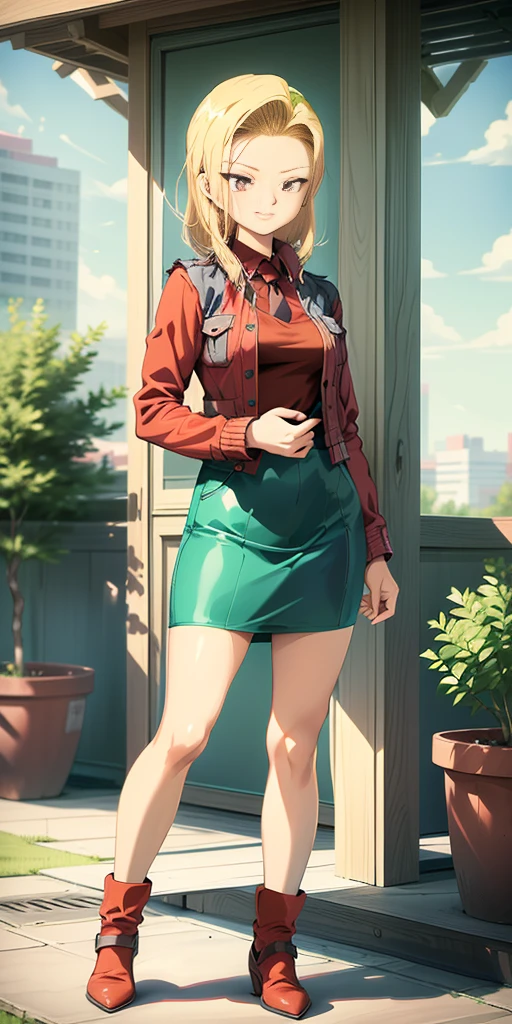 (Full body, view from below, cowboy shot, looking at viewer, masterpiece, best quality, ultra detailed, immaculate:1.2) Android 18 from DBZ, 30 y.o. woman, red eyes, short BLONDE hair, posing for photo, seductive smile, grey jacket, red necktie, green skirt, Sakura tree, building, (pinched eyes) (closed mouth) (hands to sides)