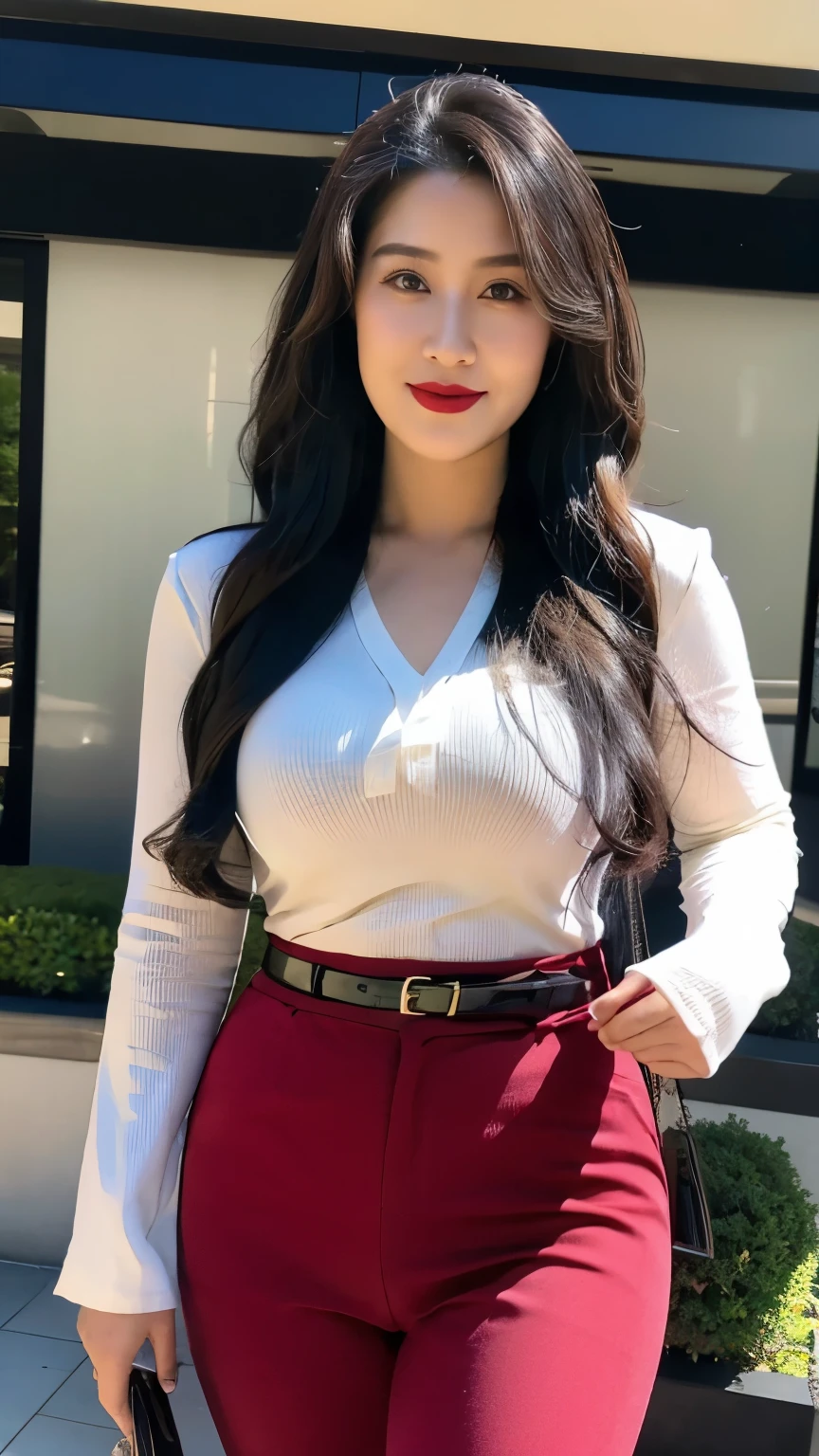 (best quality, ultra-detailed, photorealistic), red lipstick, detailed lips, detailed skin, perfect anatomical structure (unique), wearing a blouse, wearing pants, black belt, wavy long hair, 37-year-old woman, , charming smile, in a shopping mall, standing, long legs, curvaceous, busty,ding up, full-body shot.