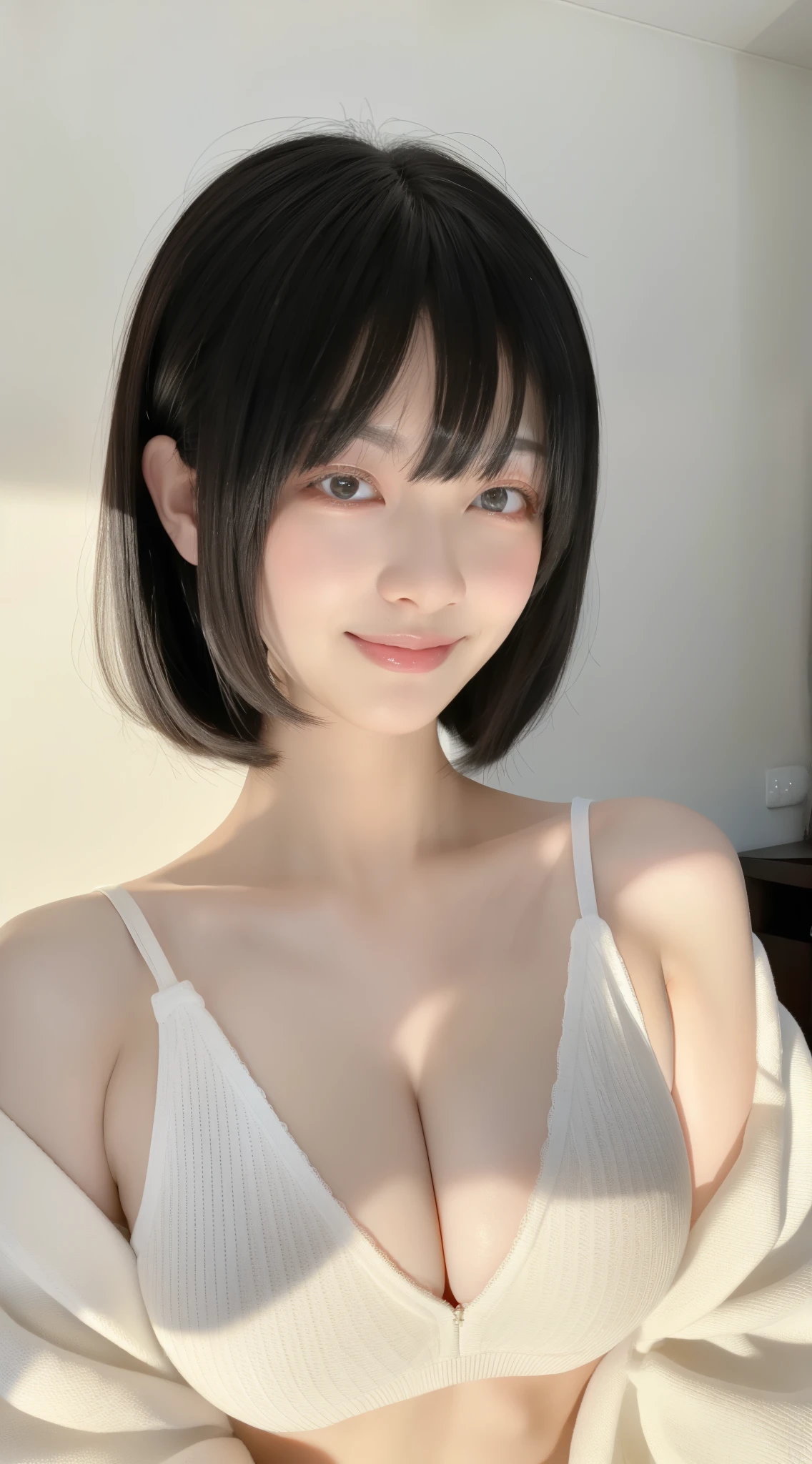 black hair, hair bobbles, wince, longeyelashes, solid circle eyes,  ahegao,light smile, ear blush, 20-year-old female, Japanese facial features,A clean and cute face, Cleavage, large breasts,Wearing clothes that emphasise the breasts,Protruding nipples,short hair, hair spread out, nihongami, empty eyes, eyeball, sanpaku, evil smile, jitome, nervous smile, Surrealism, very thin waist,drop shadow, anaglyph, stereogram, tachi-e, pov, atmospheric perspective, Hyperrealism, 8k, super detail, ccurate, best quality, UHD, UHD, UHD, UHD, masterpiece, textured skin, high details, high quality, best quality, highres, 16k