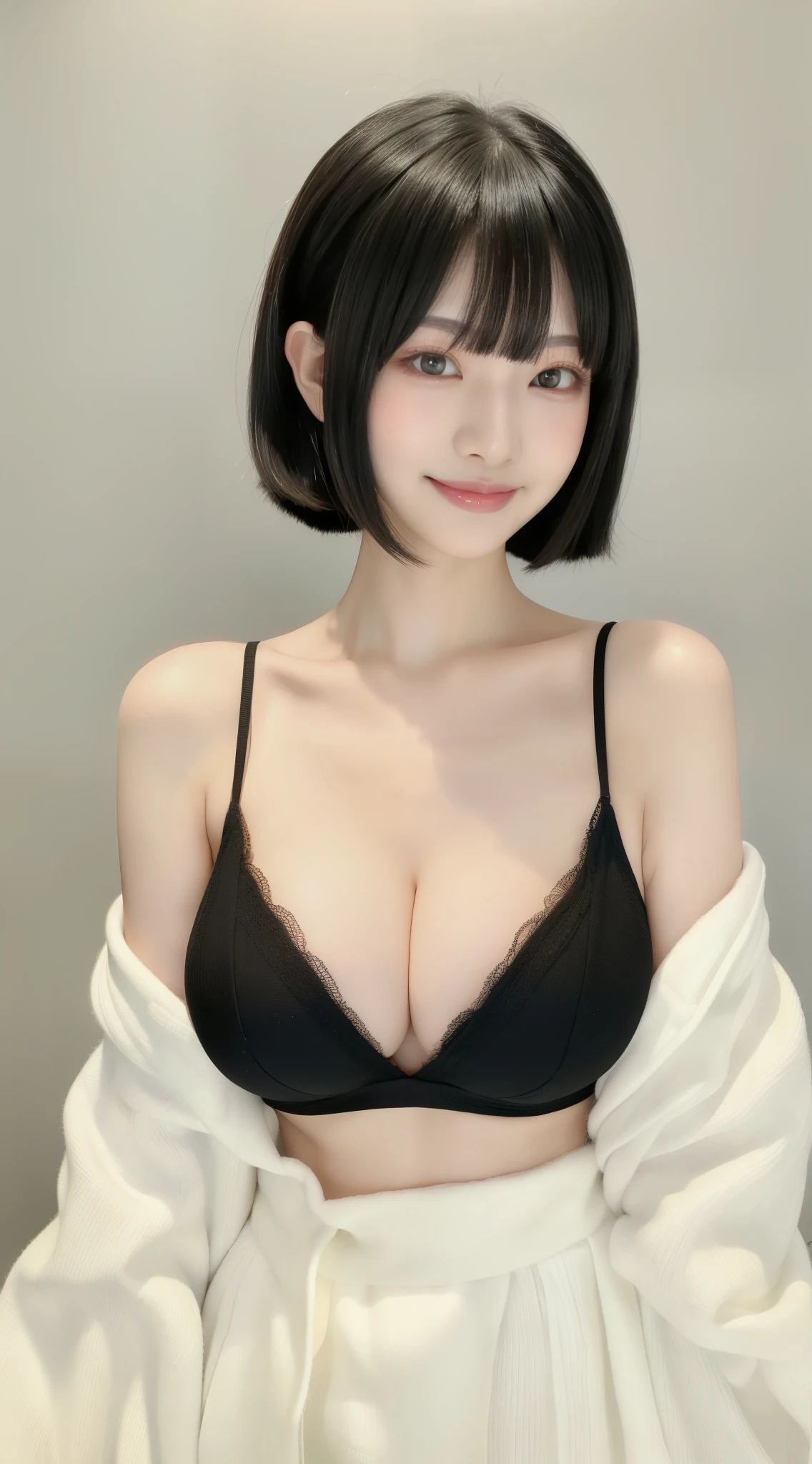 black hair, hair bobbles, wince, longeyelashes, solid circle eyes, ahegao,light smile, ear blush, 20-year-old female, Japanese facial features,A clean and cute face, Cleavage, large breasts,Wearing clothes that emphasise the breasts,Protruding nipples,short hair, hair spread out, nihongami, empty eyes, eyeball, sanpaku, evil smile, jitome, nervous smile, Surrealism, very thin waist,drop shadow, anaglyph, stereogram, tachi-e, pov, atmospheric perspective, Hyperrealism, 8k, super detail, ccurate, best quality, UHD, UHD, UHD, UHD, masterpiece, textured skin, high details, high quality, best quality, highres, 16k