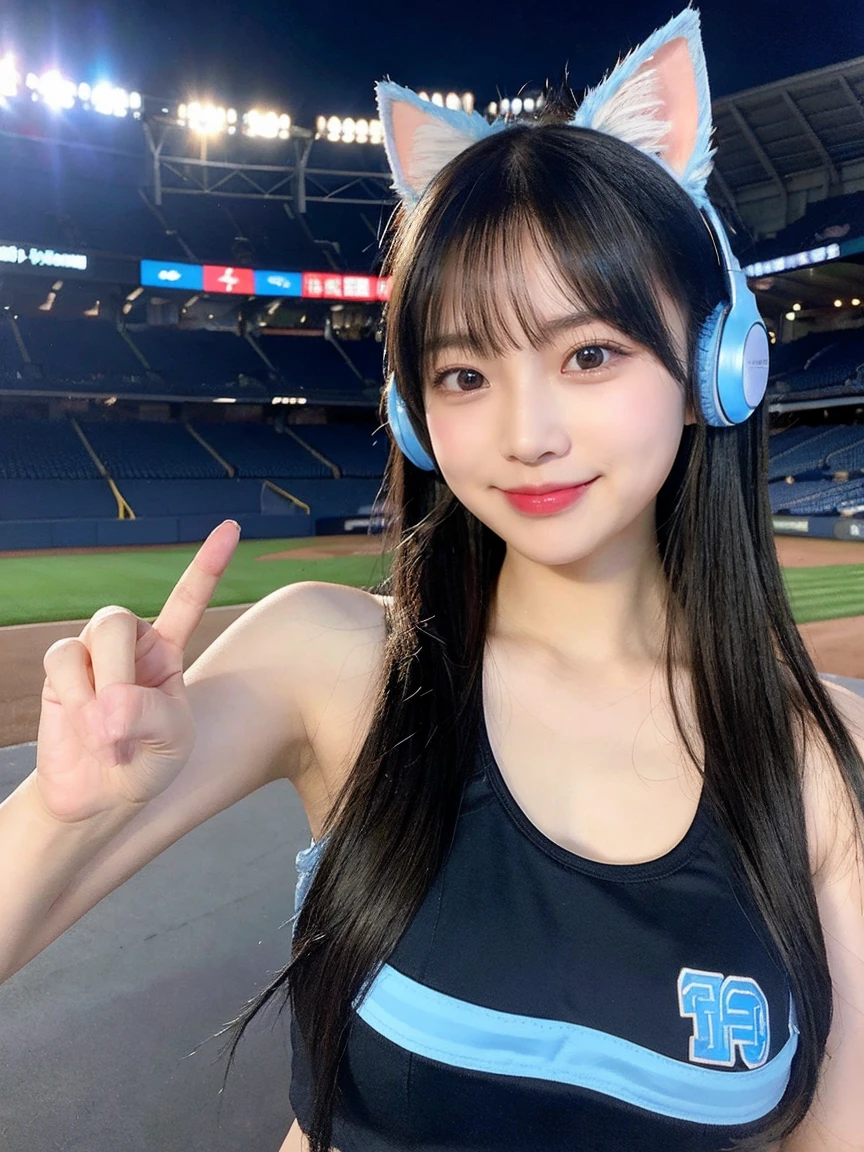 Full Body Photo、Overall、最high quality, masterpiece, 32k、Very detailed、Realistic、1 girl, Japanese women、Age 25、Cute face, (photo Actual:1.3), Edge lighting, (Skin with attention to detail:1.2), 8k超High resolution, Single-lens reflex camera, high quality, High resolution, 4K, 8k, Optimal ratio of four fingers to one thumb, (Actual:1.3), smile、自然なsmile、Black and light blue cheerleader outfit(Black main color、Sky blue line design)、Cat ear headphones(Sky blue neon cat ear headphones)、cute 1 girl, Realistic、Super Realistic、32k、Very detailed、masterpiece, 最high quality, beautiful girl, beauty、 Mecha, Beautiful lighting, Posing for a photo、Baseball Stadium、Baseball Stadiumのテラス席