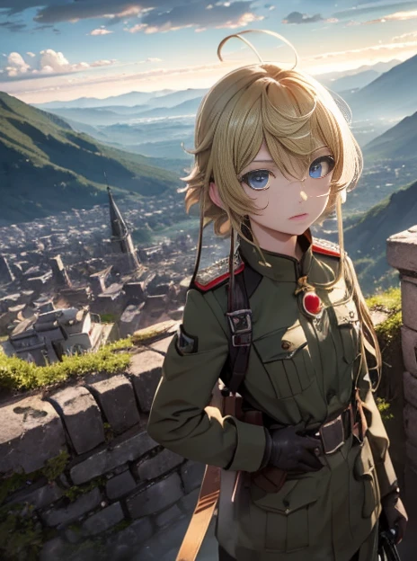 long shot scenic professional photograph of Cinematic scene, hero view, Tanya Degurechaff, Youjo Senki action pose, detailed background, masterpiece, best quality, high quality, highres, absurdres, perfect viewpoint, highly detailed, wide-angle lens, hyper realistic, with dramatic sky, polarizing filter, natural lighting, vivid colors, everything in sharp focus, HDR, UHD, 64K