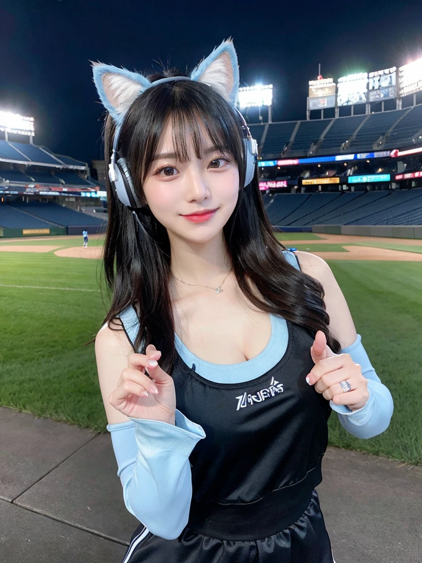 Full Body Photo、Overall、最high quality, masterpiece, 32k、Very detailed、Realistic、1 girl, Japanese women、Cute face, (photo Actual:1.3), Edge lighting, (Skin with attention to detail:1.2), 8k超High resolution, Single-lens reflex camera, high quality, High resolution, 4K, 8k, Optimal ratio of four fingers to one thumb, (Actual:1.3), smile、自然なsmile、Black and light blue cheerleader outfit(Black main color、Sky blue line design)、Cat ear headphones(Sky blue neon cat ear headphones)、cute 1 girl, Realistic、Super Realistic、32k、Very detailed、masterpiece, 最high quality, beautiful girl, beauty、 Mecha, Beautiful lighting, Posing for a photo、Baseball Stadium、Baseball Stadiumのテラス席
