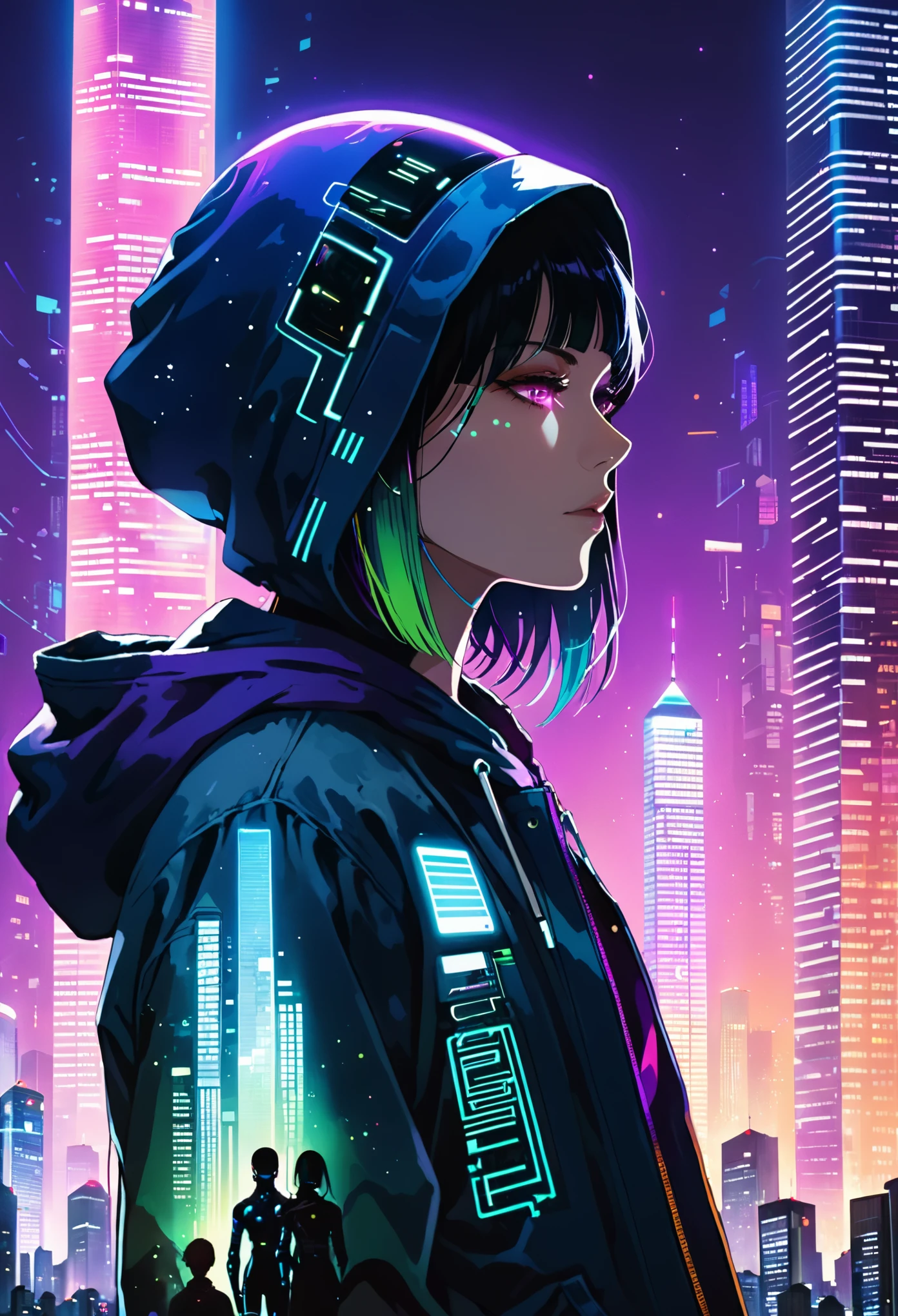 (bright cityscape pattern on clothes:2.4),(wide hood:1.4),(hood worn:3.1),solo,jacket,glowing,hooded jacket,((((((tall cyber building background:2.2)))))),(from side:1.5),black hair,1girl,(vivid glow print on hood:1.8),(blue-purple gradient hooded jacket:1.7),building,looking at viewer,upper body,closed mouth,long sleeves,bangs,outdoors,purple eyes,city,science fiction,profile,multicolored hair,cyberpunk,signature,glowing eyes,sky,urban motif on the hood,vivid color,cyberpunk style,double exposure,(silhouette face:1.5),night,glowing neon,(looking_away:1.2),(don't look at the audience:1.1),