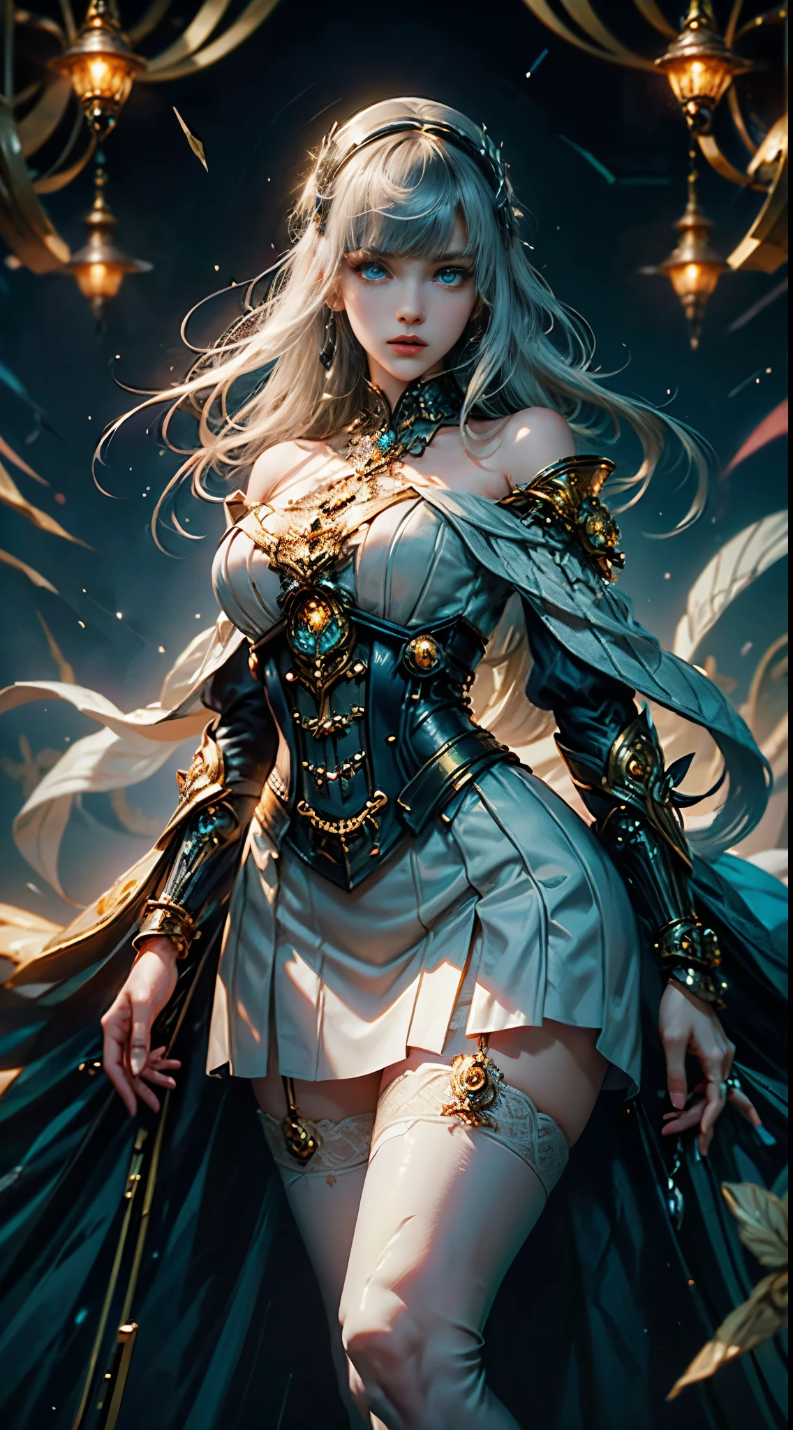 Wizard girl. Very pretty ,
(((masterpiece, best quality, raw photo, photorealistic, depth of field, ultra detailed, detailed face, very precise eyes))), Dynamic Action Pose, Invoke Magic, Mechanical Magic Weapons, very slender long legs, lace stockings on the knee, steampunk headgear, fluttering lace flared white mini skirt, off-shoulder white fashion with a fusion of detailed and intricate steampunk and detailed white gothic lolita, (((Very slender body, long, thin limbs))), upward and beautiful small breasts, (((Thick bangs))), (((princess cut))), Clean long white hair, long vertical curly hair, wind driven, futuristic complex steampunk factory background, infinite dark universe, flying celestial bodies, countless celestial neon lights raining down from the heavens, cinematic lighting decoration.