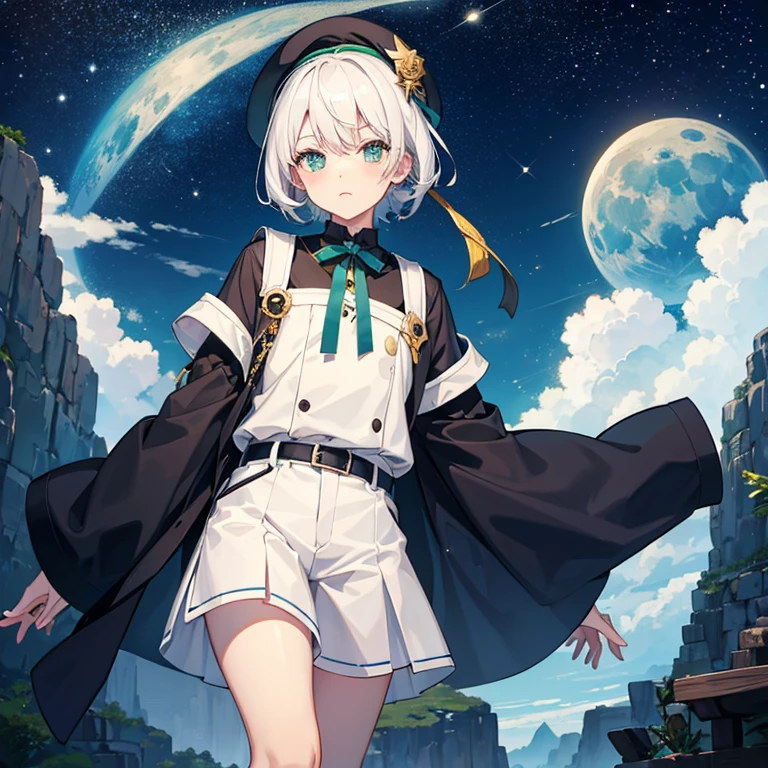 Hair color is white 10歳のboy Clothes are everywhere々green Shorts Shota Wearing a beret 目の色はgreen 背景はnightで月が輝き星空 people数は1people Uniform is dark blue greenをイメージ night The moon shines You can see the starry sky boy 服はgreen